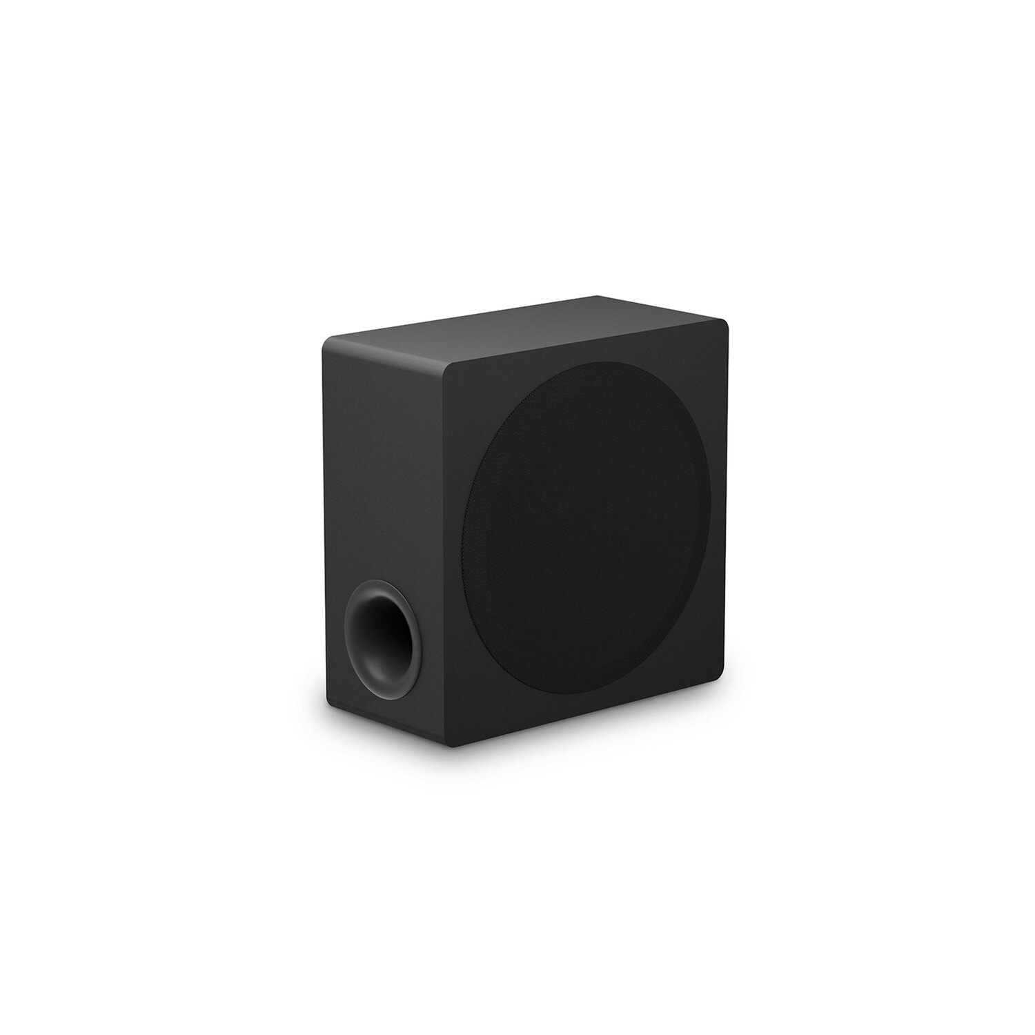 Un haut-parleur de caisson de basses noir sur fond blanc. Il possède un haut-parleur circulaire et un port sur le côté. Le haut-parleur est de forme carrée.