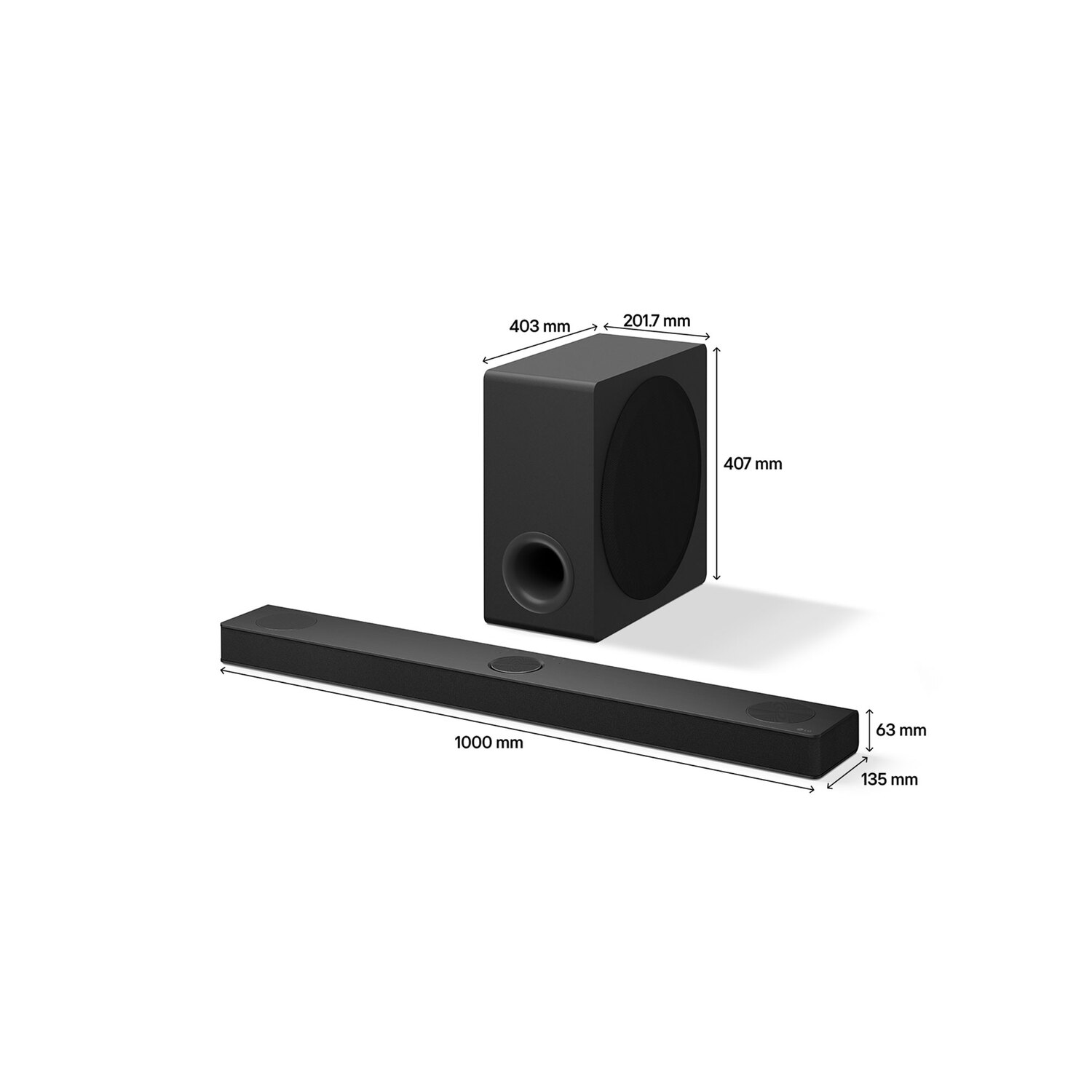 Un ensemble barre de son et caisson de basses noir. La barre de son est longue et rectangulaire. Le caisson de basses est une boîte rectangulaire. Dimensions indiquées.