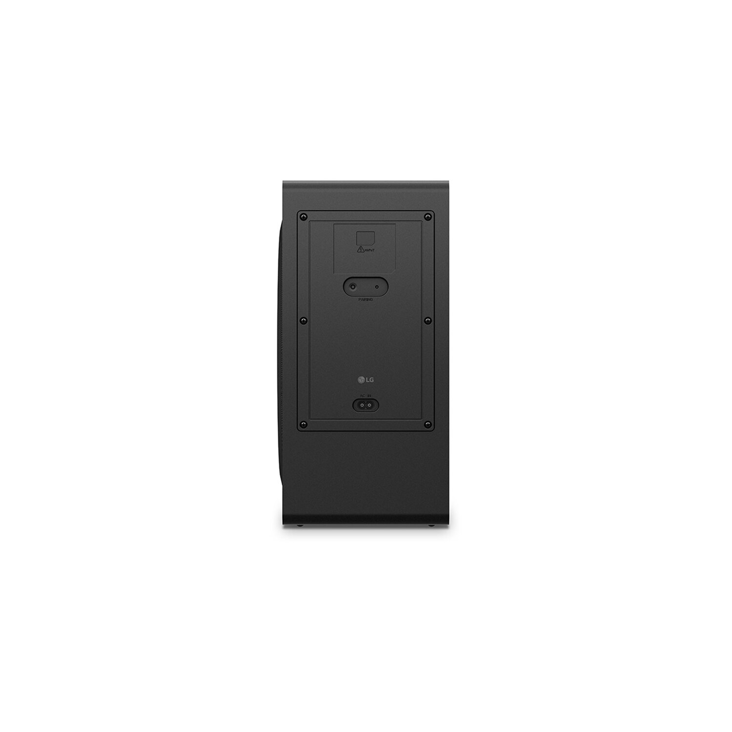 Dos d'enceinte noir, avec ports d'entrée, bouton d'appairage et logo LG, sur fond blanc.