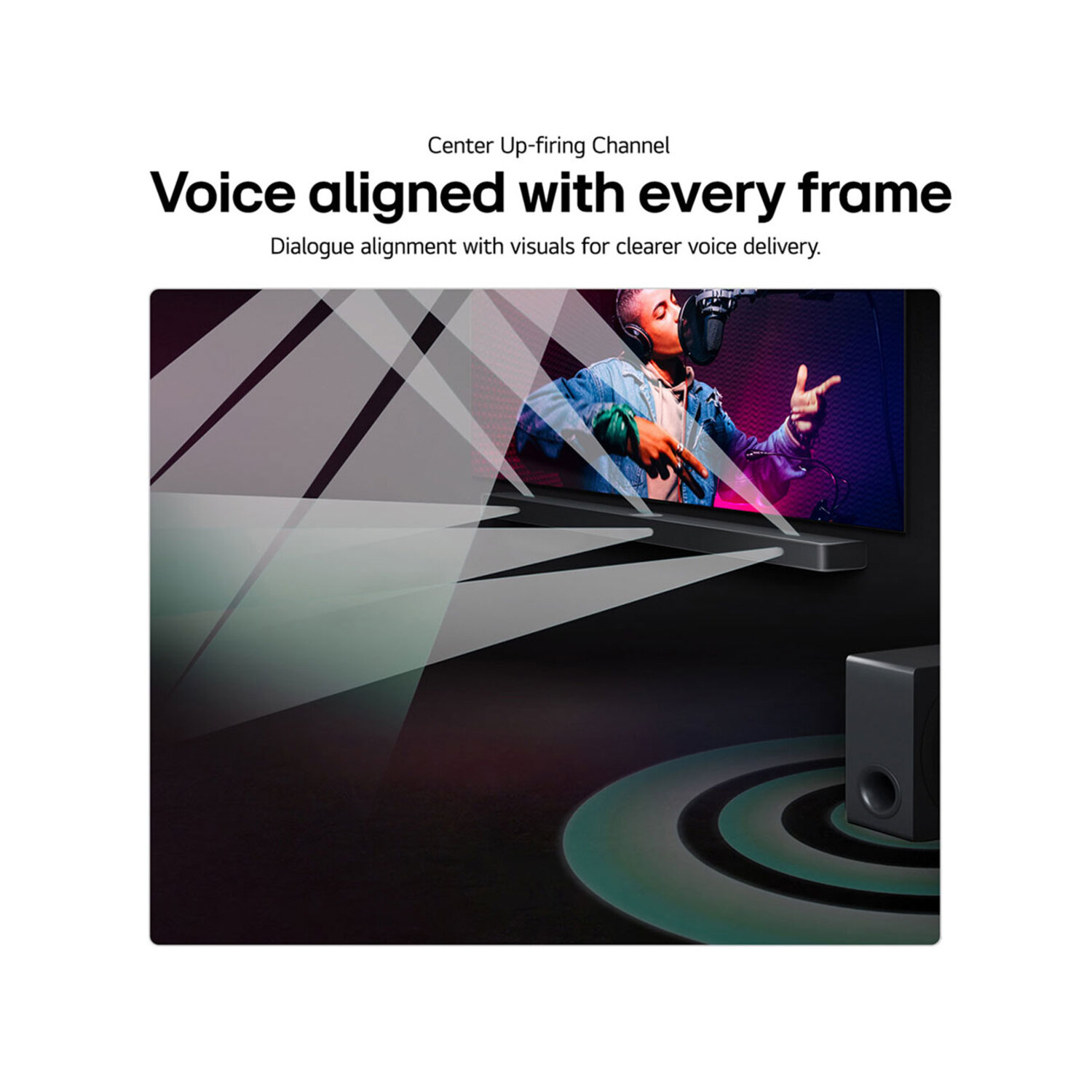 L'image montre une TV avec un chanteur, des faisceaux sonores. Un caisson de basses est dans le coin droit. Texte : Voix alignée sur chaque image.