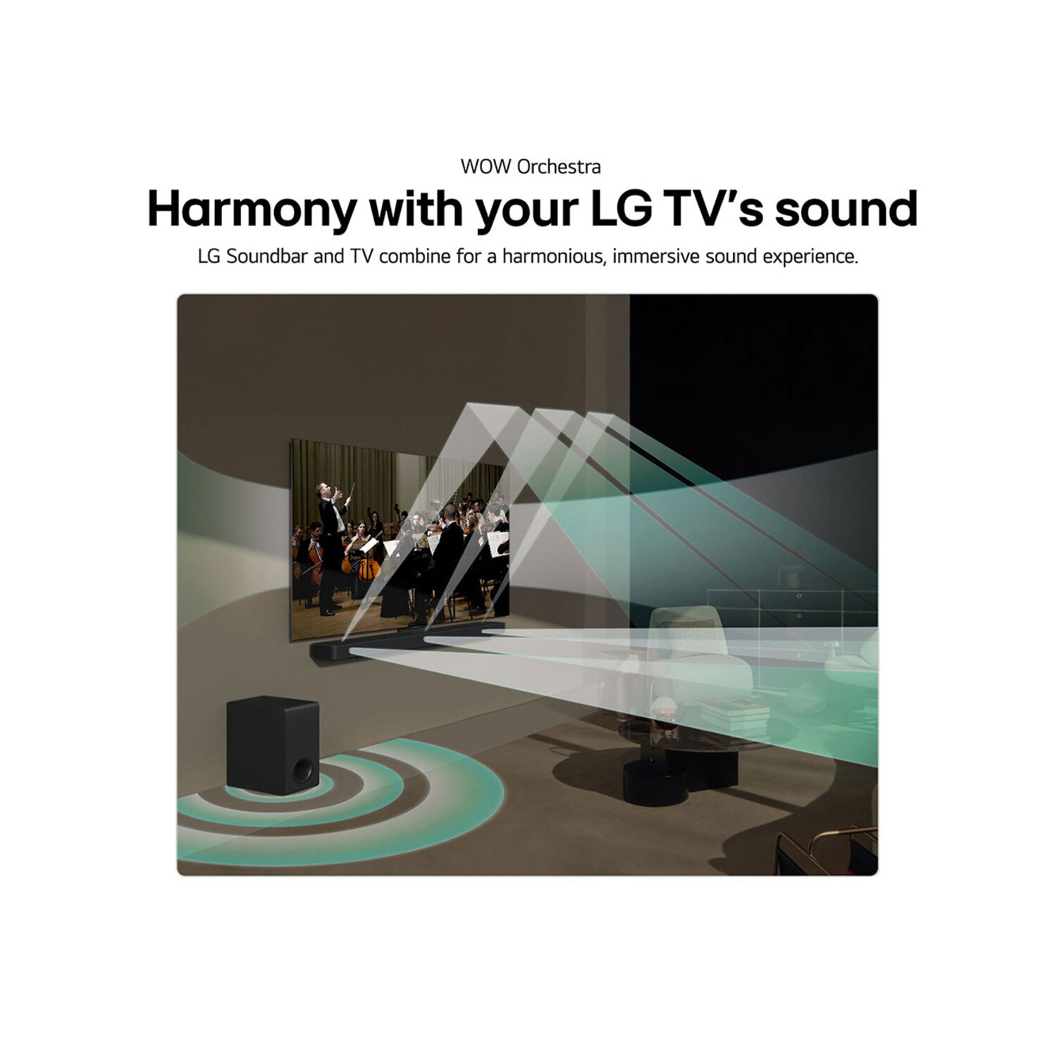 Une configuration barre de son et TV LG. Un orchestre est à l'écran. Des ondes sonores rayonnent depuis la barre de son et la TV.