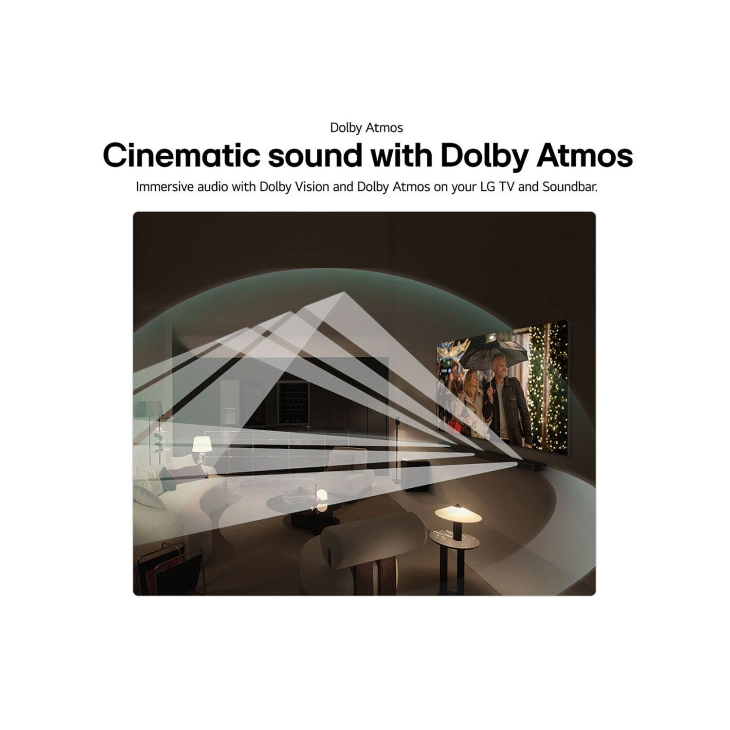 Illustration montre salon avec TV et ondes sonores. Texte : Son cinéma avec Dolby Atmos. Audio immersif.