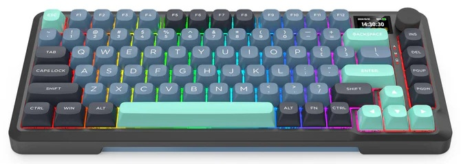 Klawiatura mechaniczna z niebieskimi i miętowym klawiszami. Posiada mały ekran i kilka klawiszy funkcyjnych. Klawisze są podświetlane kolorami RGB.
