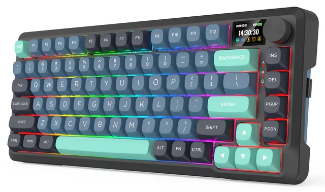 Klawiatura mechaniczna z niebieskimi i turkusowymi klawiszami. Posiada mały ekran wyświetlający czas oraz pokrętło głośności.