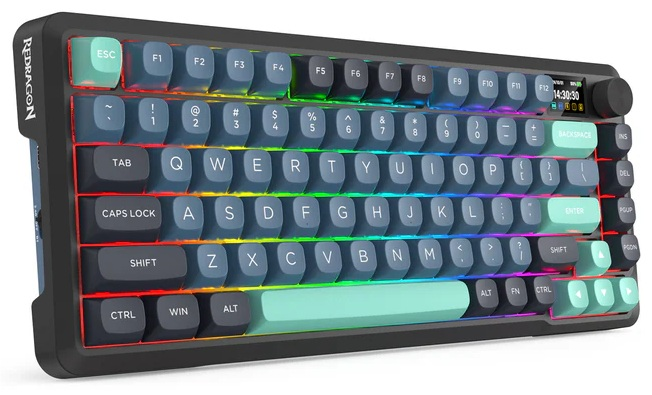Czarna klawiatura mechaniczna Redragon z podświetlanymi klawiszami. Mały ekran po prawej stronie.