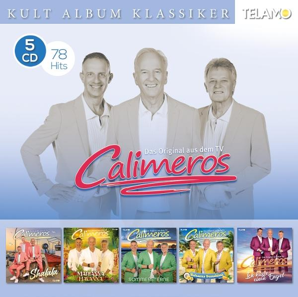 Albumcover der Band Calimeros. Drei Männer in Anzügen, mit fünf CD-Symbolen und Albumcovern darunter.