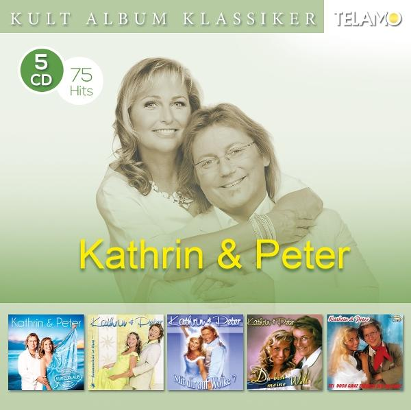 Albumcover von Kathrin & Peter. Zeigt zwei lächelnde Personen, Text 'Kathrin & Peter' sowie 5 CDs, 75 Hits. Albumcover unten.