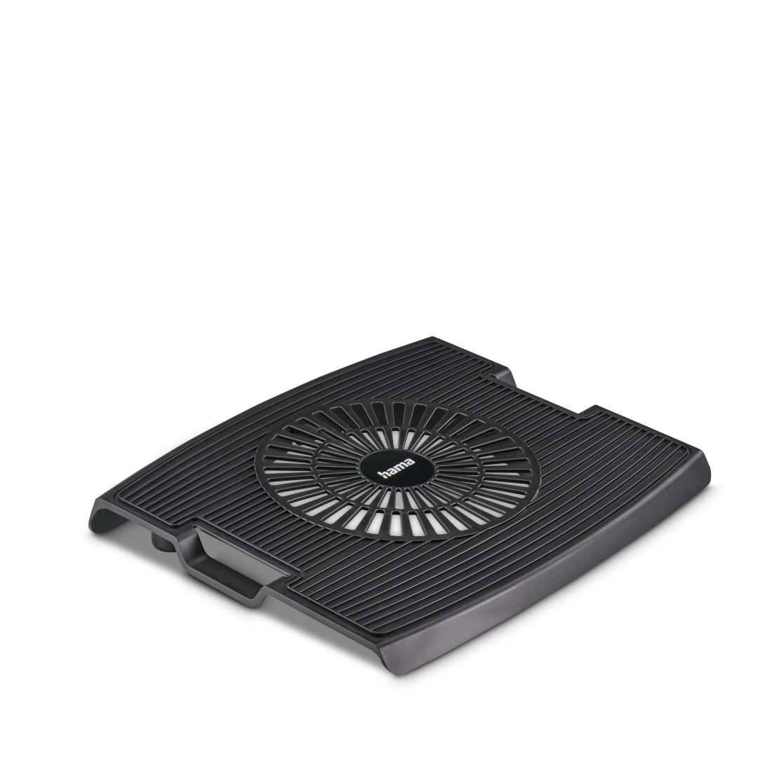 Egy fekete laptop hűtőpad, középen egy ventilátorral. A 'hama' márkanév látható. A pad fehér háttéren van.