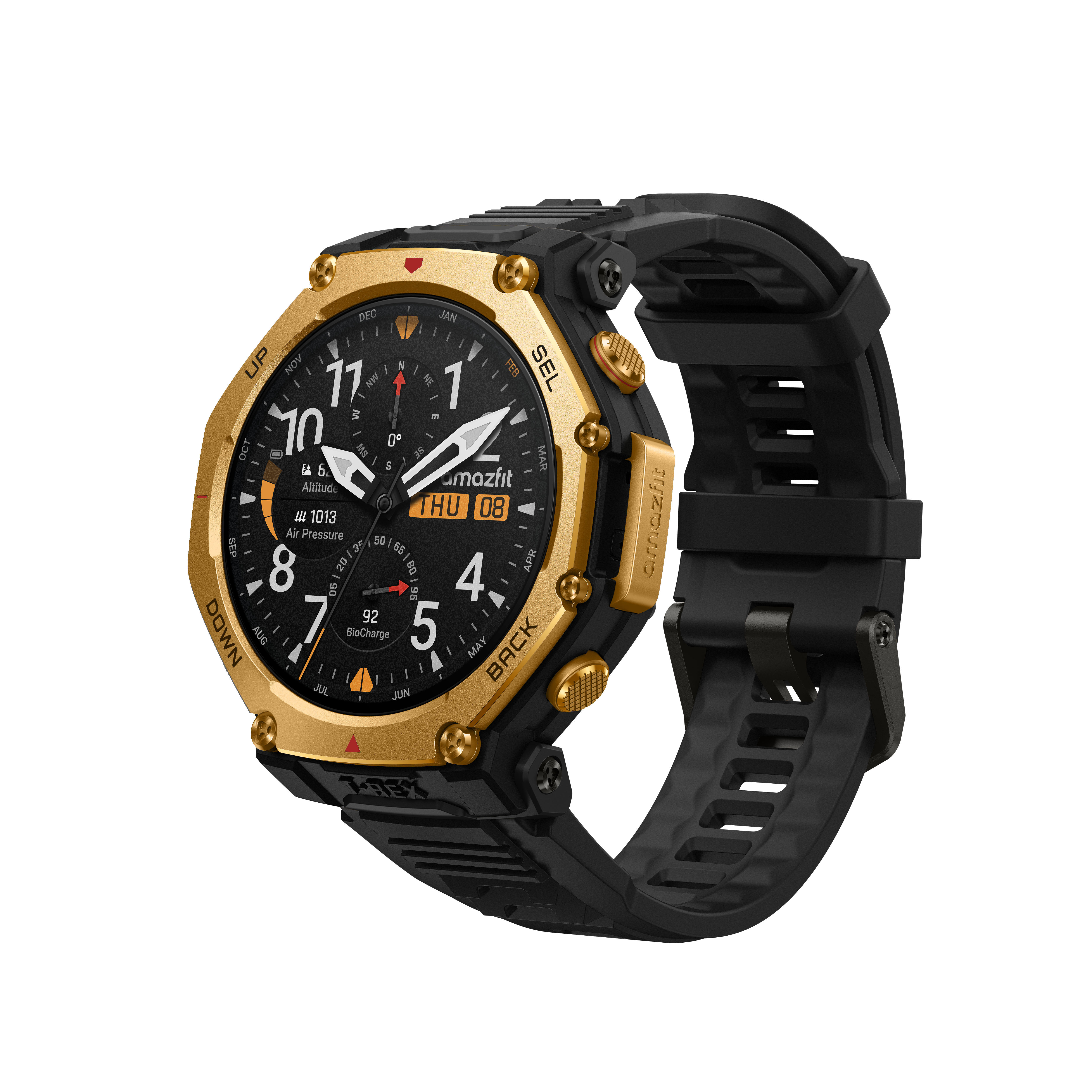 Eine schwarz-goldene Amazfit-Smartwatch mit schwarzem Armband, die Zeit und Datum anzeigt.