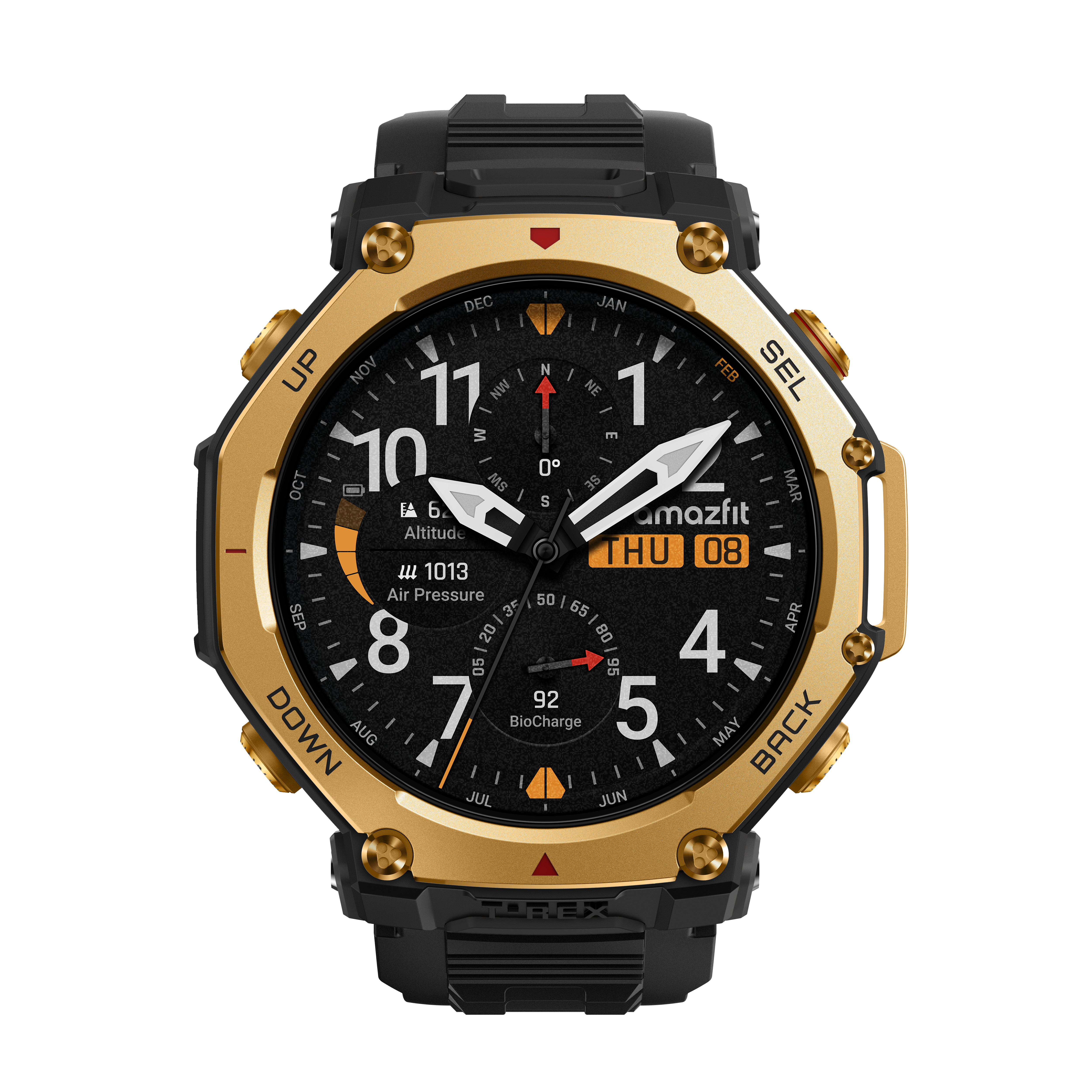 Eine schwarze und goldene Amazfit T-Rex Smartwatch. Das Zifferblatt zeigt Zeit, Datum, Höhe, Luftdruck und Biocharge-Daten an.
