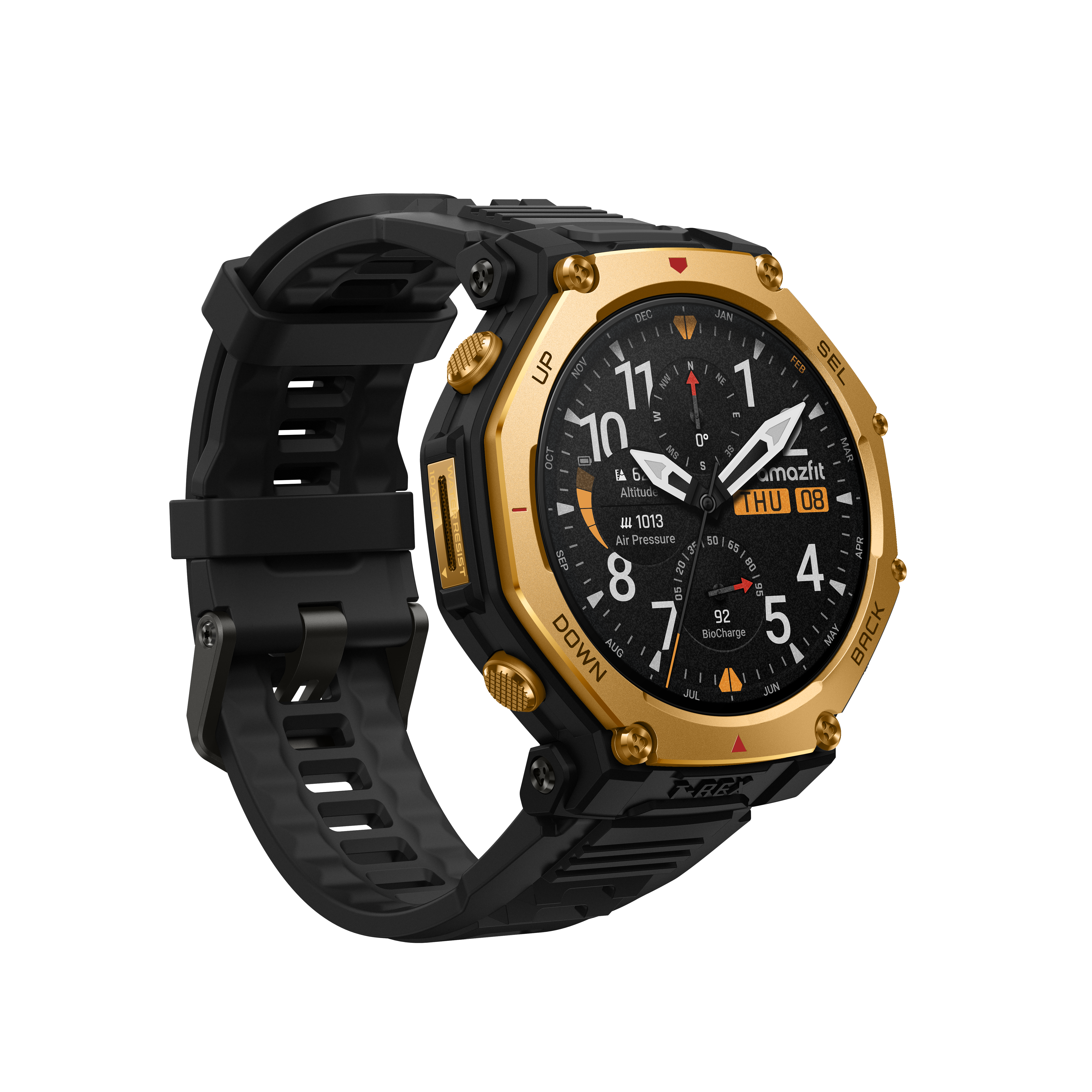 Eine schwarze Smartwatch mit goldener Lünette. Das Zifferblatt zeigt Zeit, Datum und Gesundheitsdaten an. Schwarzes Armband.