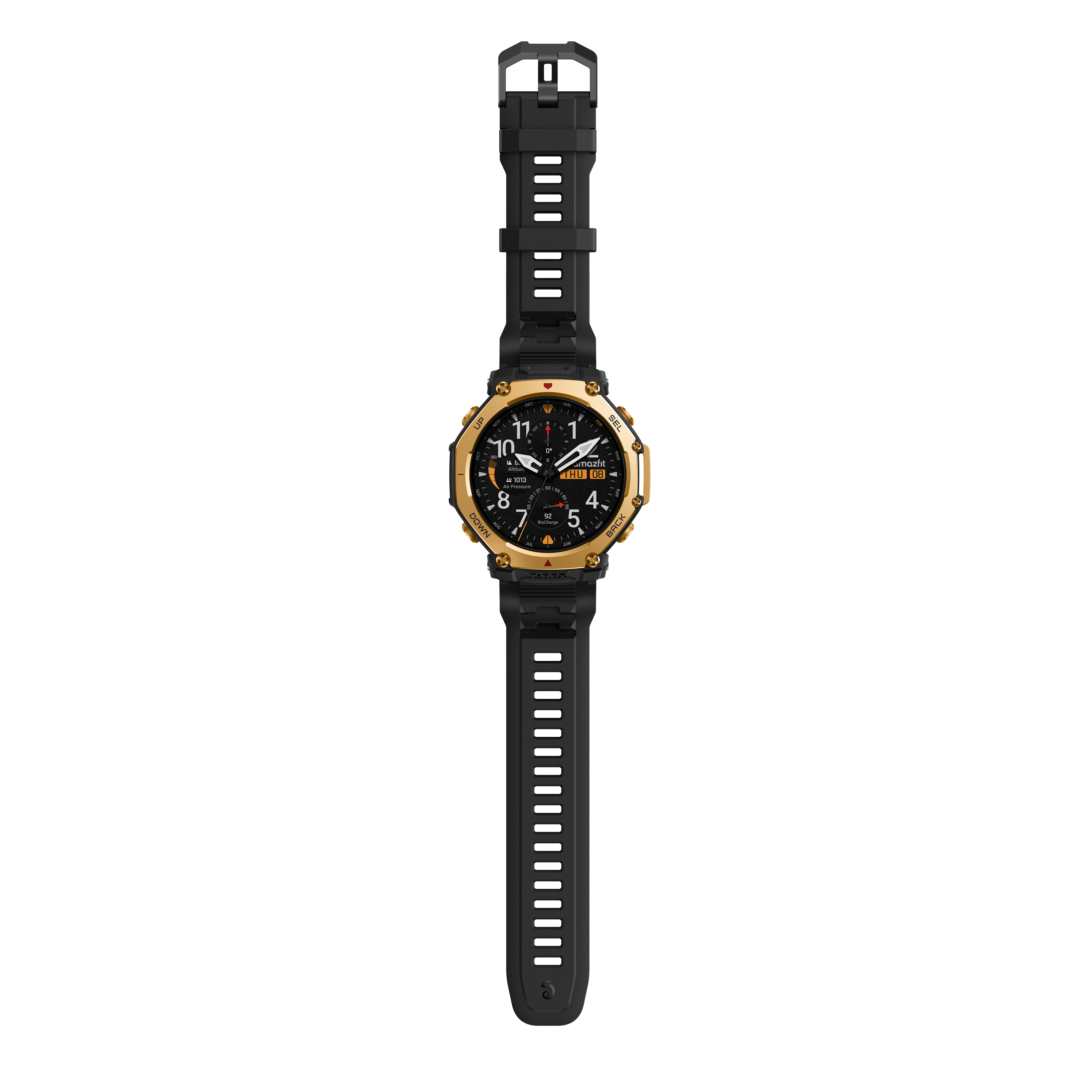 Eine schwarze Uhr mit goldener Lünette auf schwarzem Hintergrund. Das Zifferblatt zeigt Zeit und Daten.