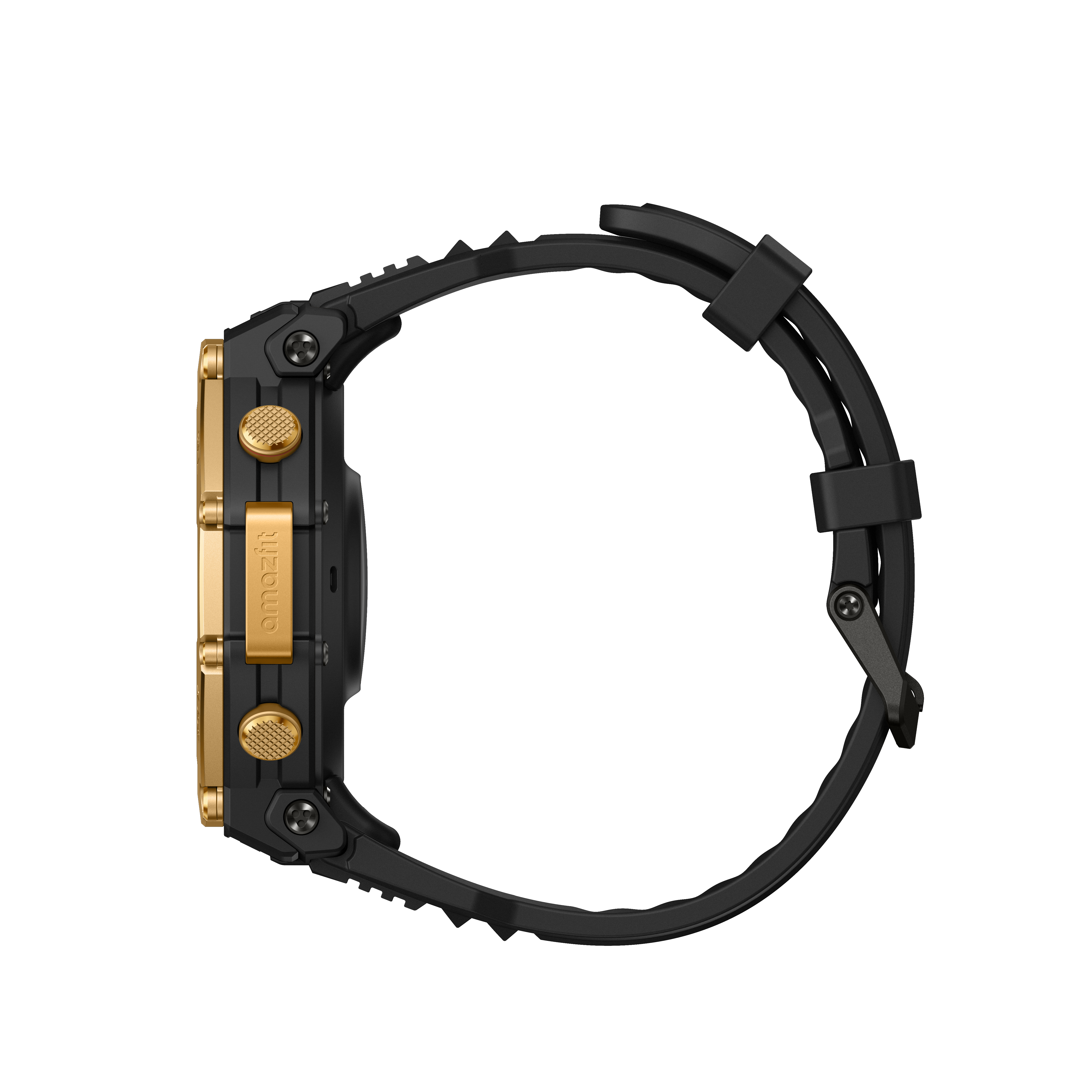 Seitenansicht einer schwarzen Smartwatch mit goldenen Akzenten, schwarzem Armband und zwei goldenen Knöpfen. Der Hintergrund ist schwarz.