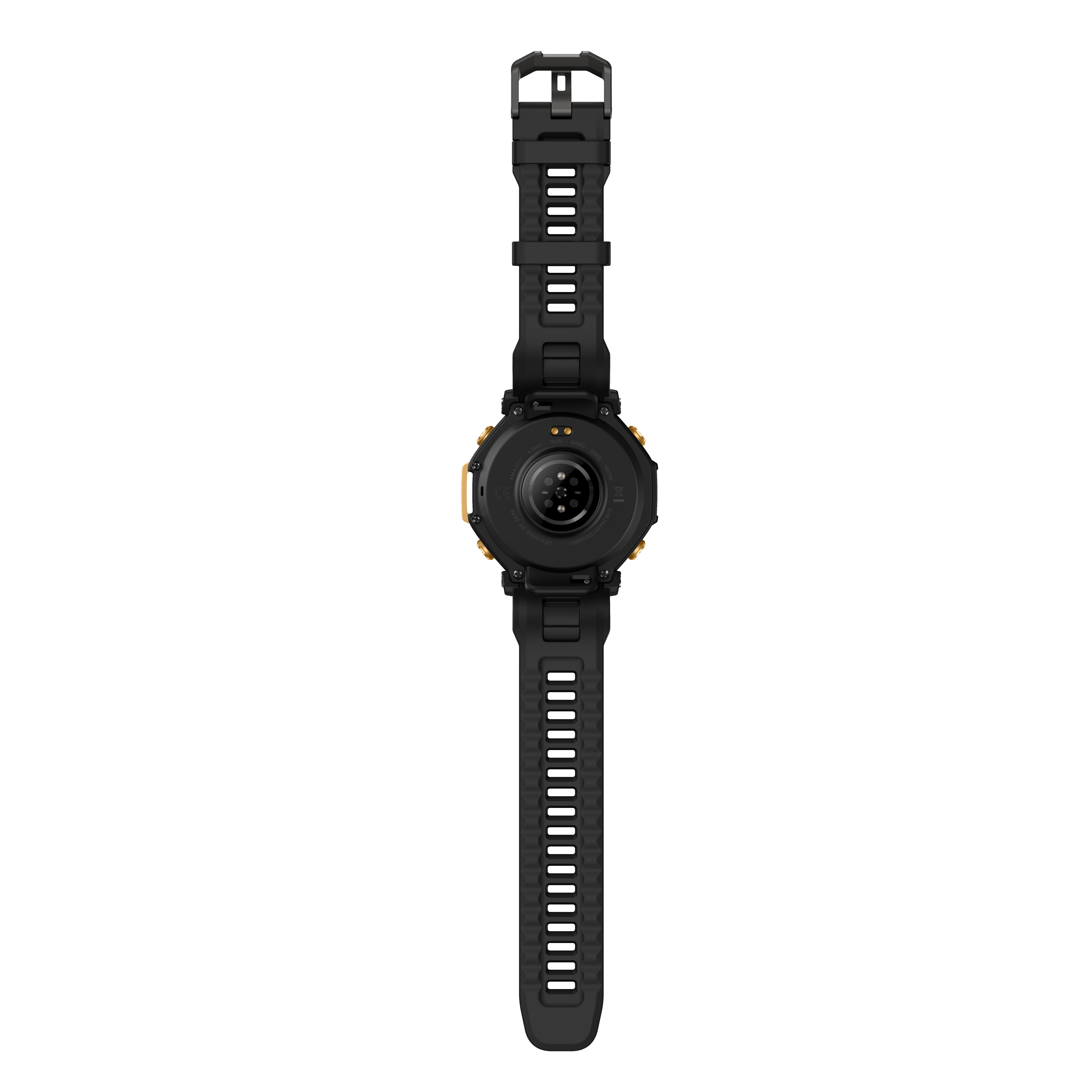 Eine schwarze Smartwatch mit schwarzem Armband und goldenen Akzenten. Das Zifferblatt hat einen Herzfrequenzsensor.