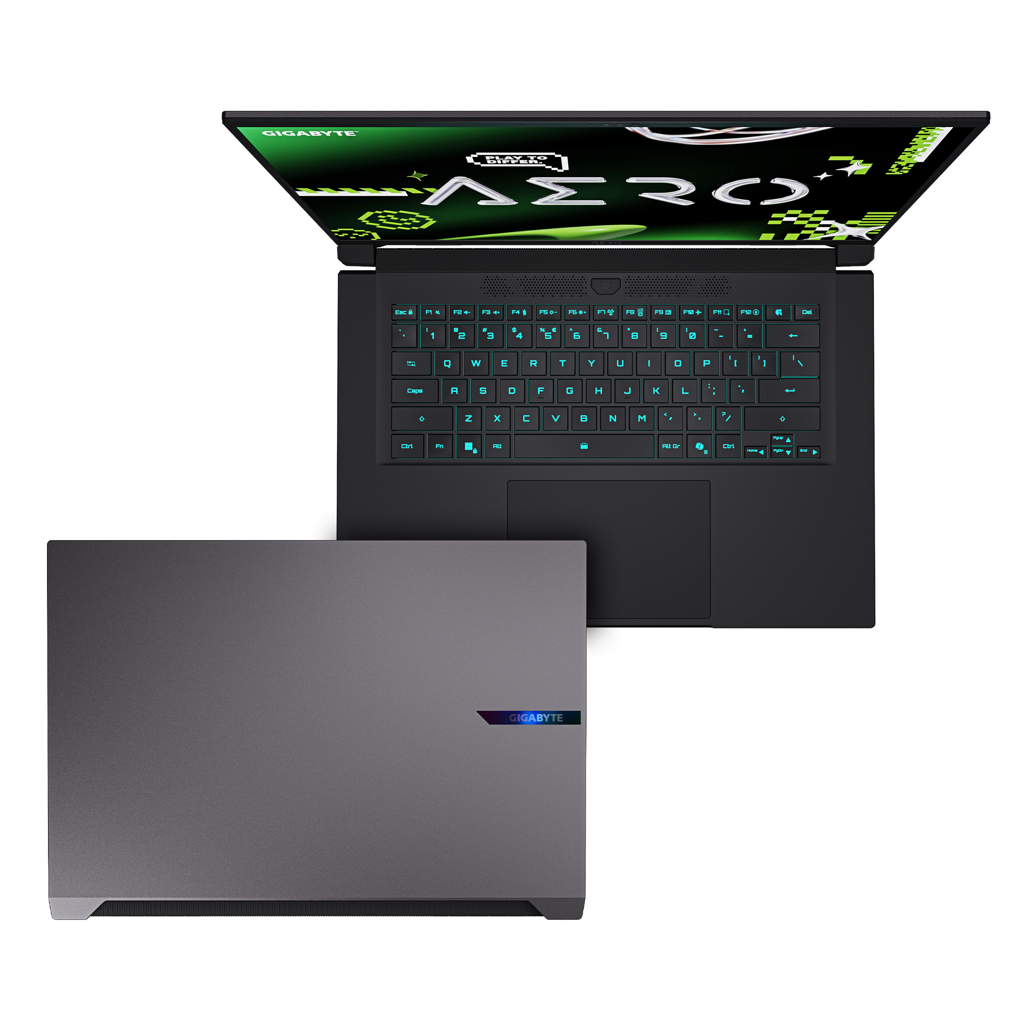Ein schwarzer Laptop, geöffnet, um Tastatur und Bildschirm anzuzeigen, und ein weiterer geschlossener Laptop auf weißem Hintergrund.