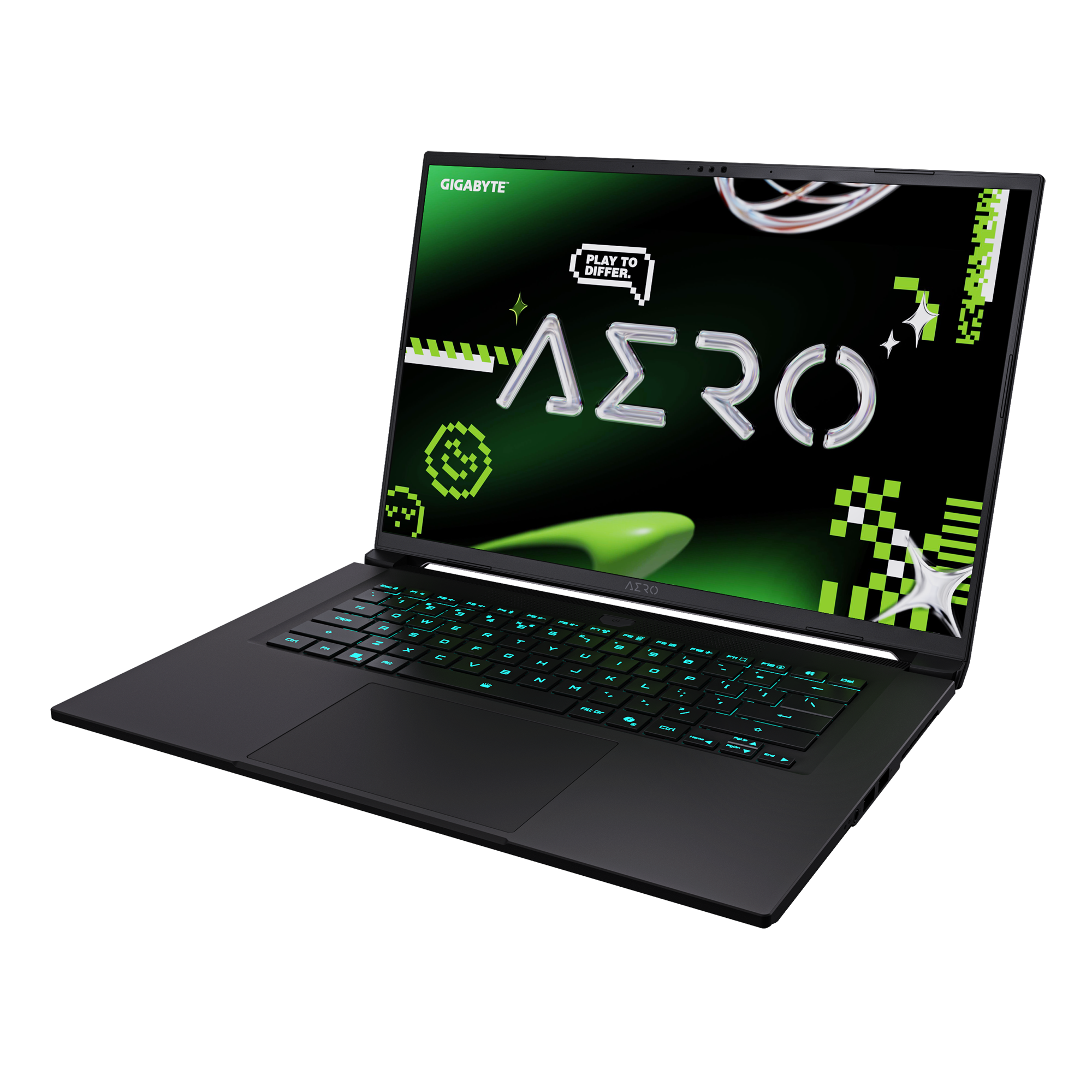 Schwarzer Laptop mit grünem Bildschirm. Der Bildschirm zeigt das Wort AERO und andere Grafiken. Die Tastatur hat grüne Beleuchtung.
