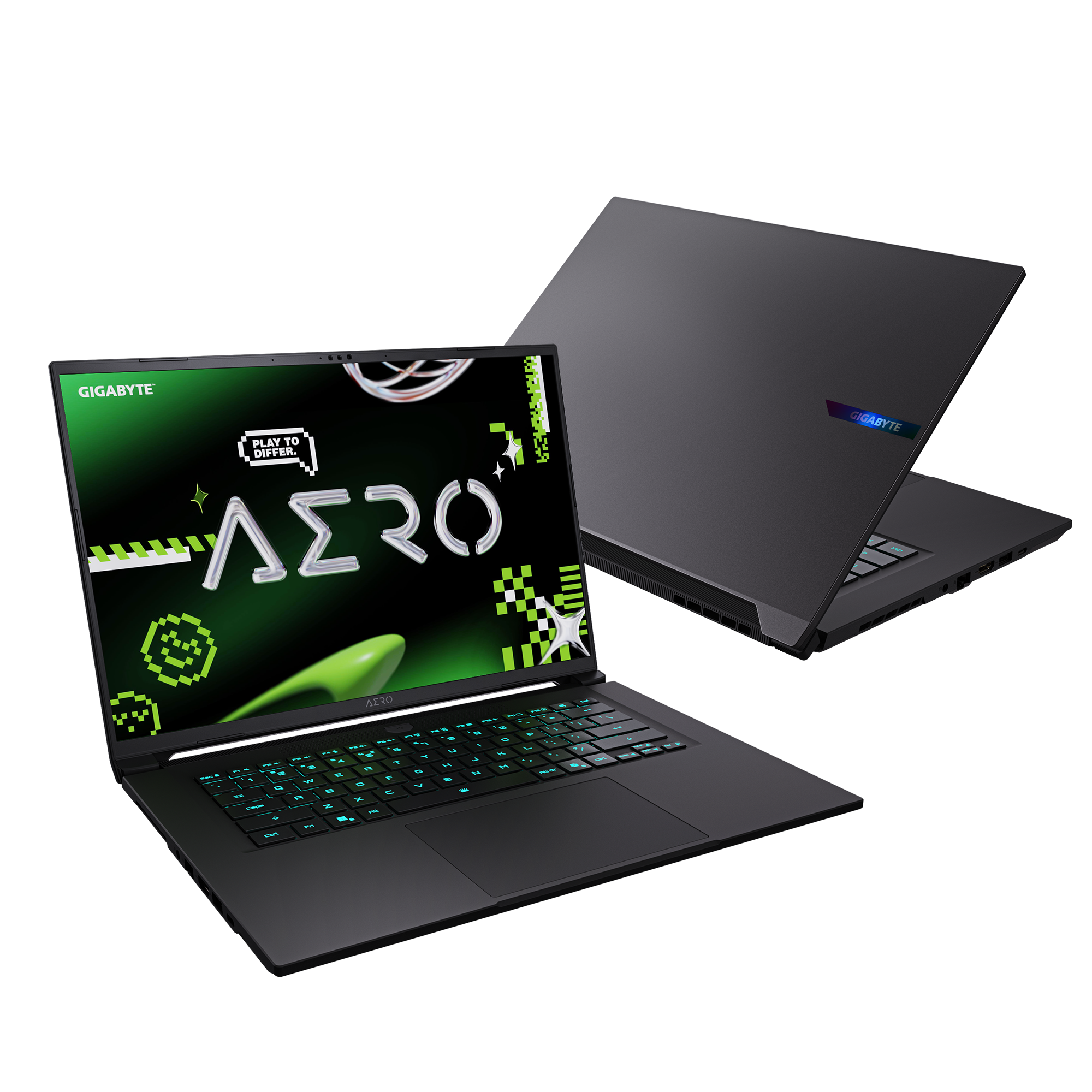 Ein schwarzer Laptop zeigt das AERO-Logo auf dem Bildschirm. Ein zweiter Laptop erscheint im Hintergrund.