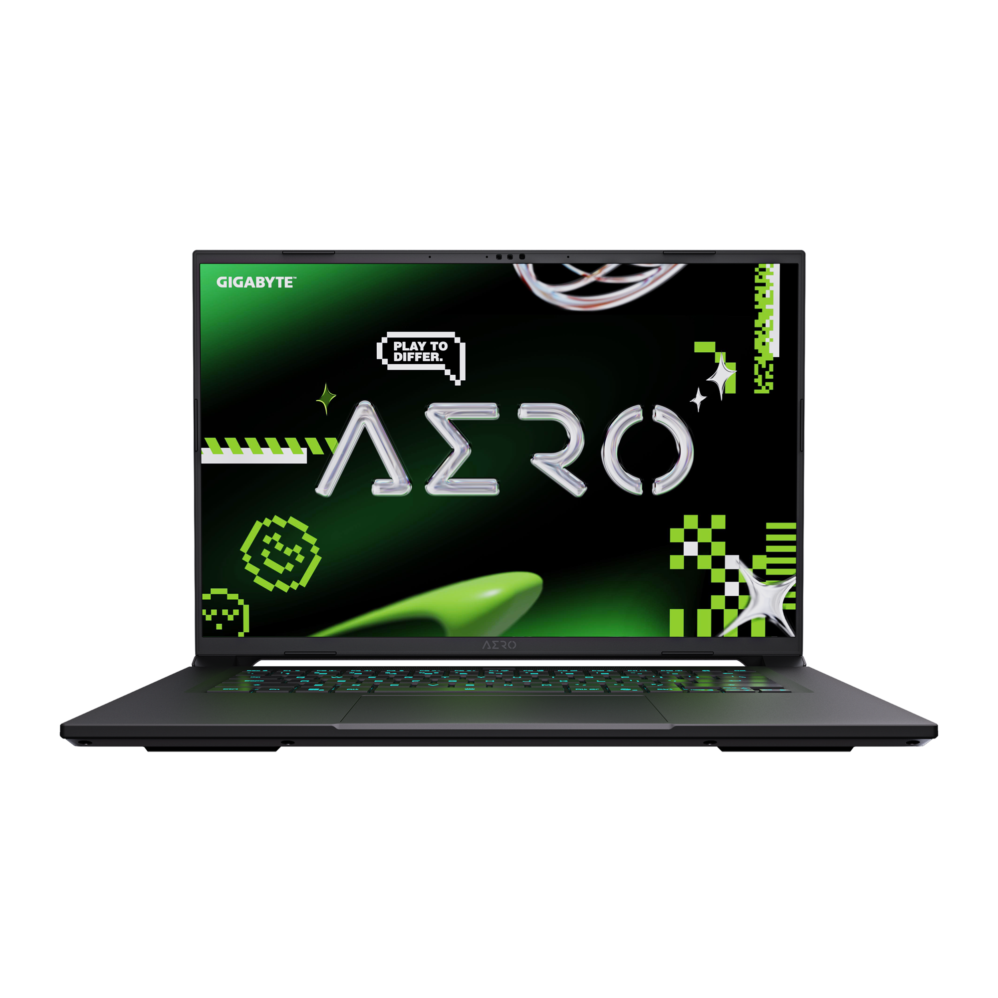 Ein schwarzer Laptop ist geöffnet. Der Bildschirm zeigt das Wort AERO in Silber mit grünen Grafiken. Die Tastatur hat grün hinterleuchtete Tasten.
