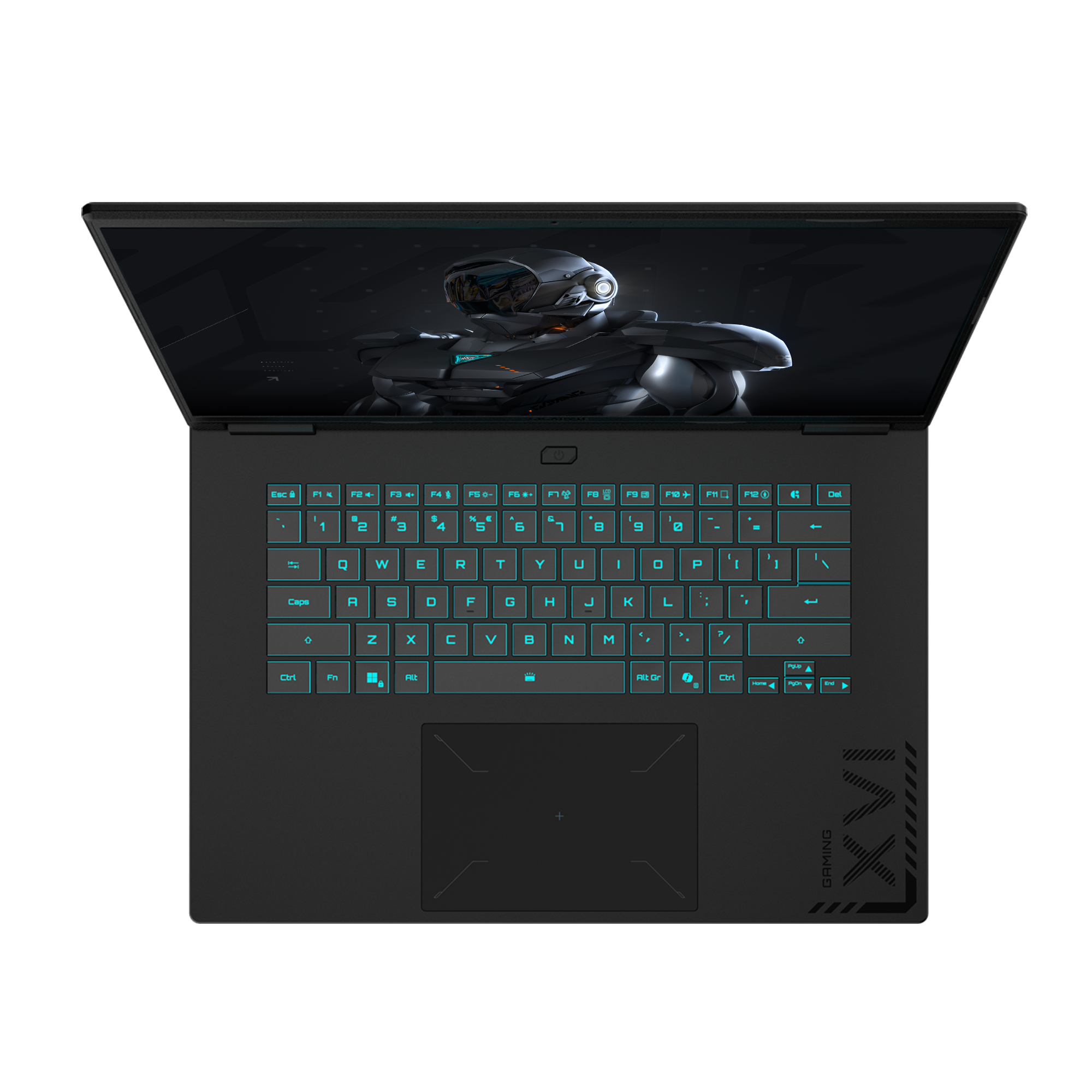 Laptop mit detaillierter Tastatur und Bildschirm, der eine futuristische gepanzerte Figur zeigt. Schwarzer Hintergrund.