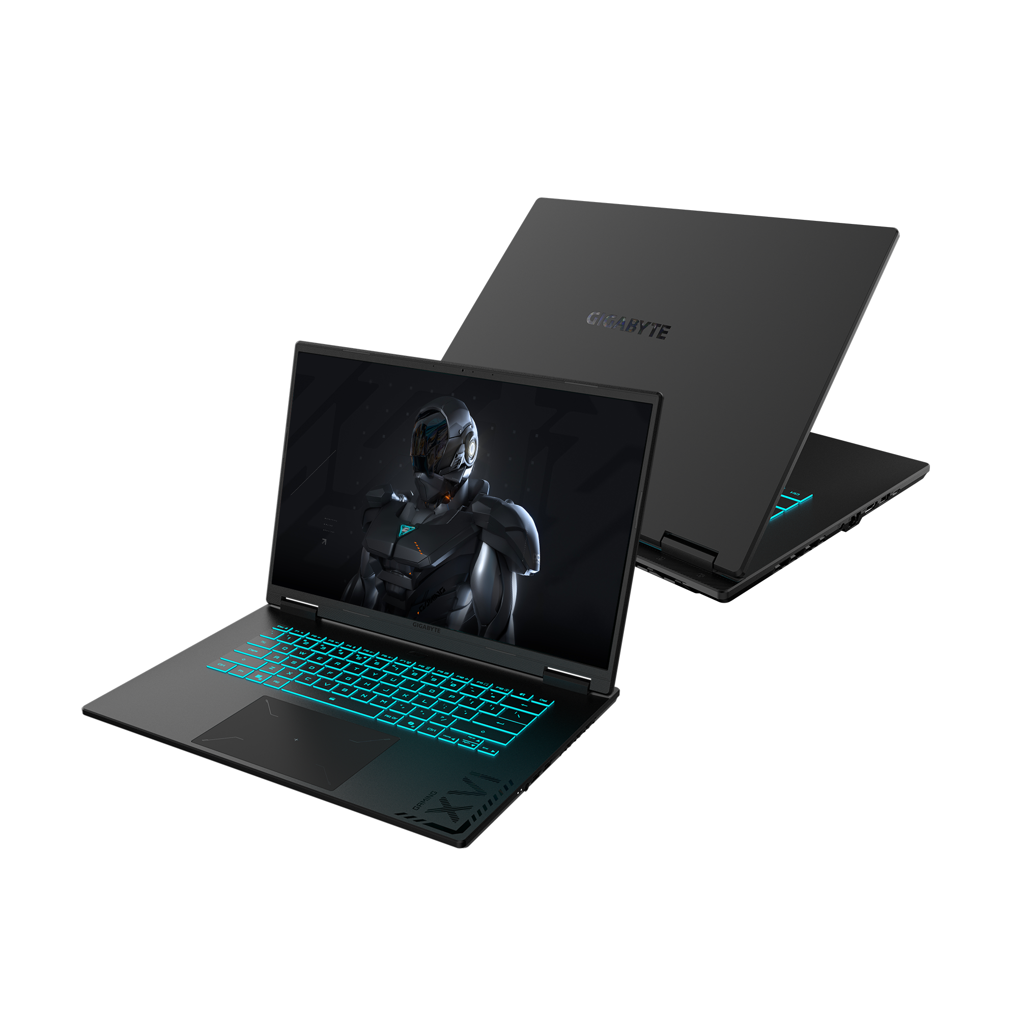 Schwarzer Gigabyte-Laptop. Der Bildschirm zeigt einen futuristischen Charakter. Die Tastatur hat blaue Lichter. Ein weiterer Laptop ist im Hintergrund.