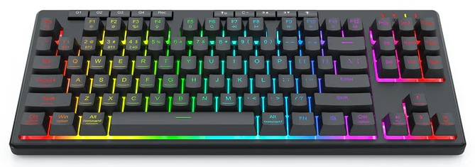 Czarna klawiatura z podświetlanymi klawiszami. Klawisze są oznaczone literami, cyframi i symbolami. Klawiatura ma kolorowe światło.