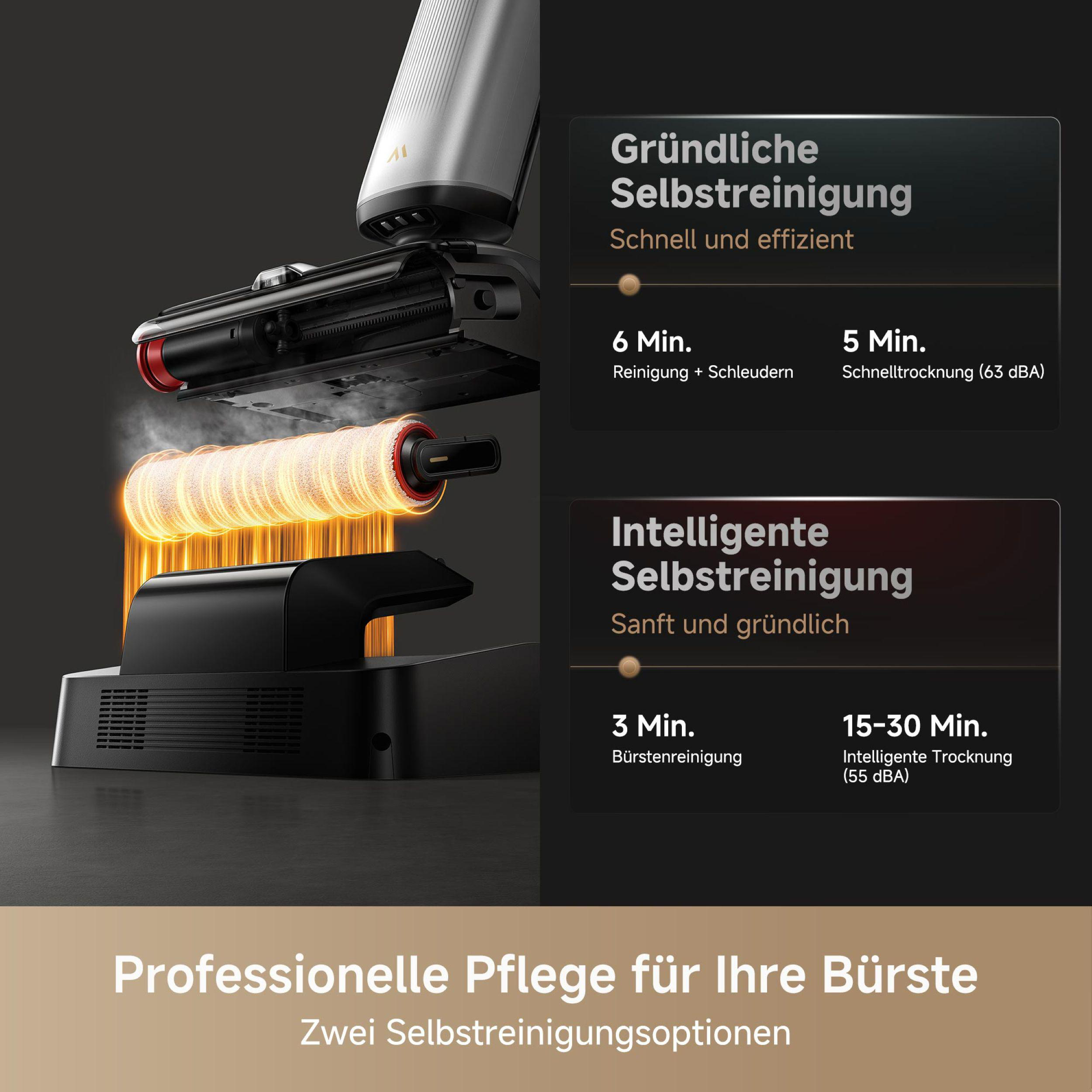 Staubsauger mit Reinigungsoptionen. Text beschreibt schnelle und intelligente Reinigungsoptionen.