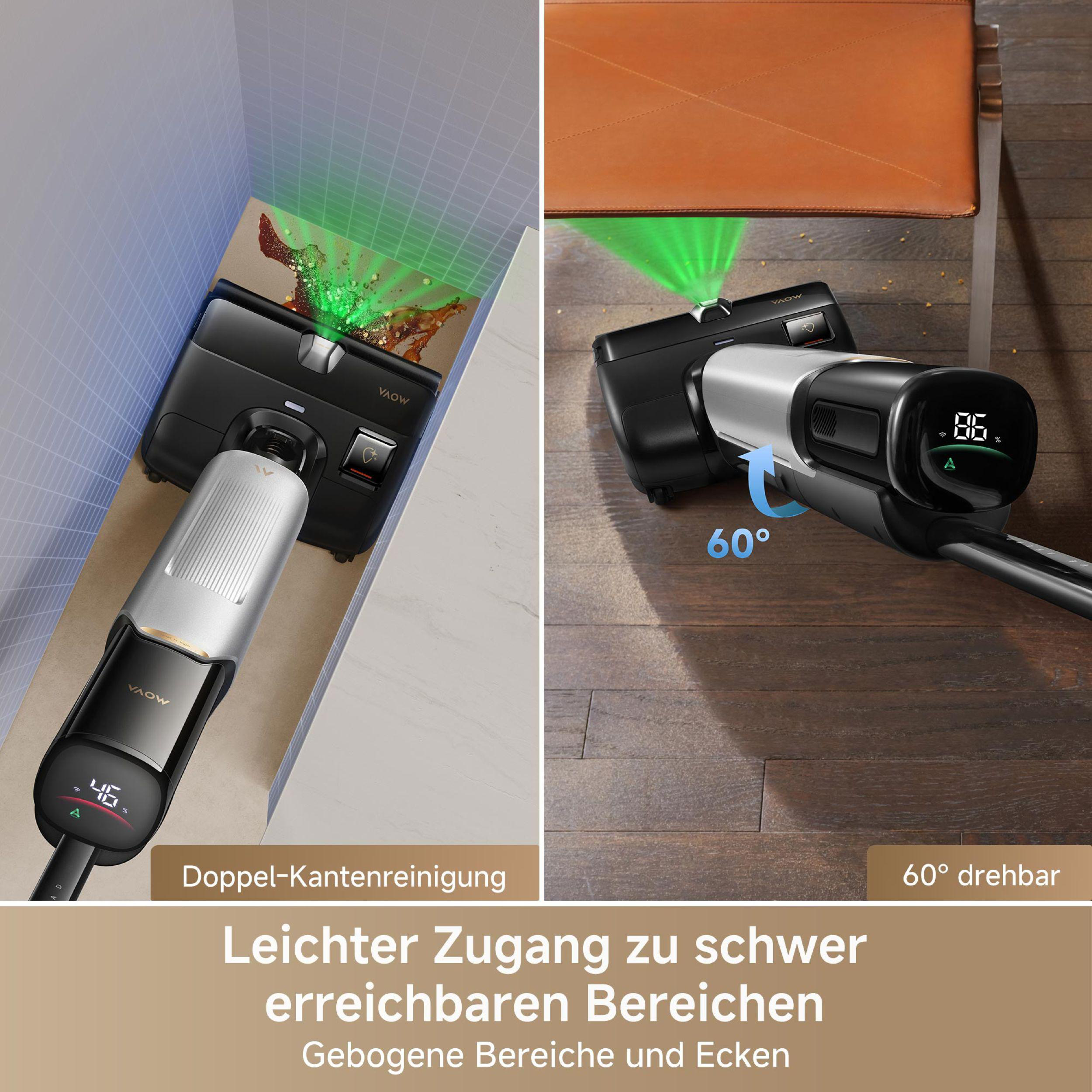 Ein schwarzer und silberner Staubsauger reinigt eine Ecke. Grünes Laserlicht. Text: Einfacher Zugang zu schwer zugänglichen Bereichen.