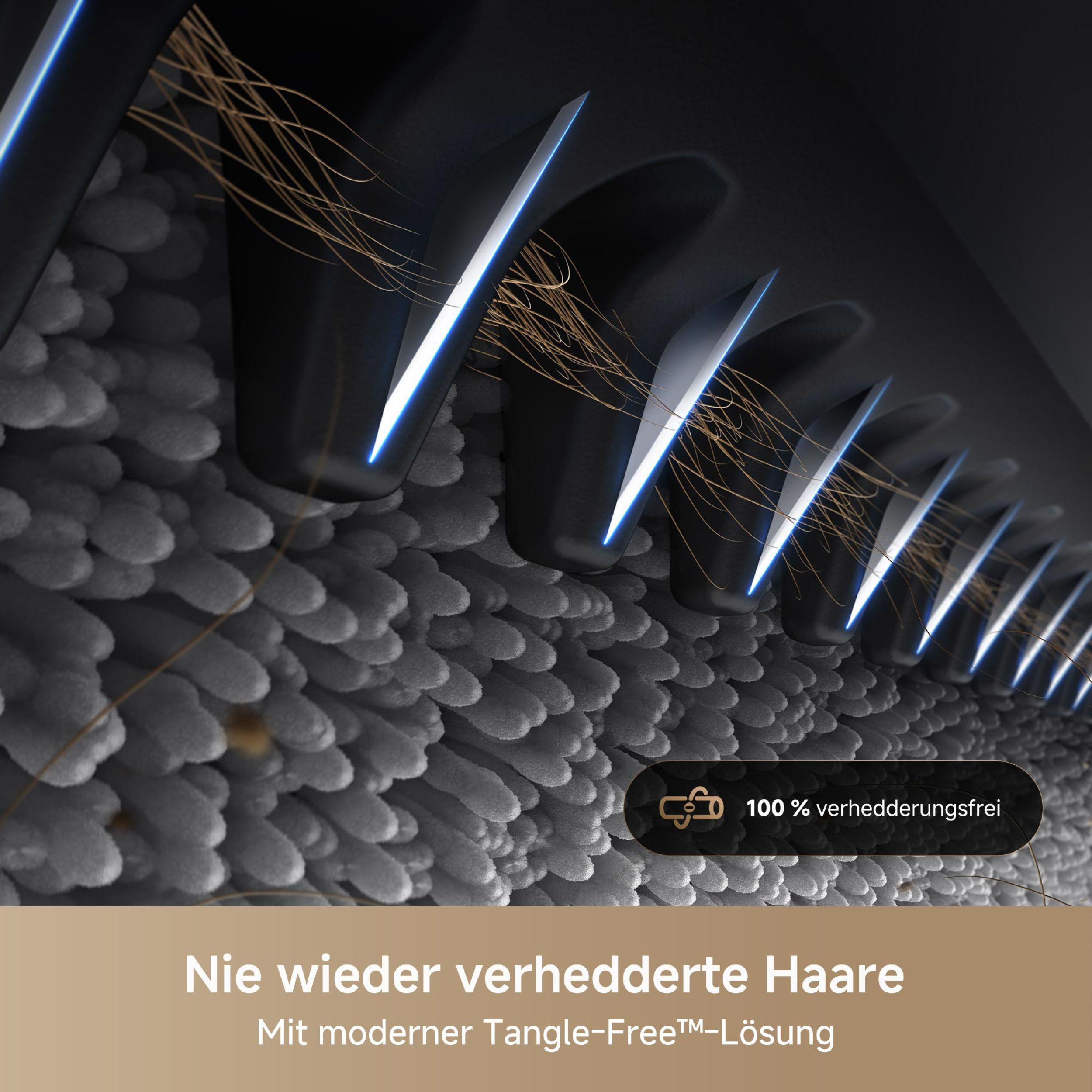 Nahaufnahme einer schwarzen kammartigen Struktur mit blauen Highlights, goldenen Haarsträhnen und grauer, strukturierter Oberfläche.