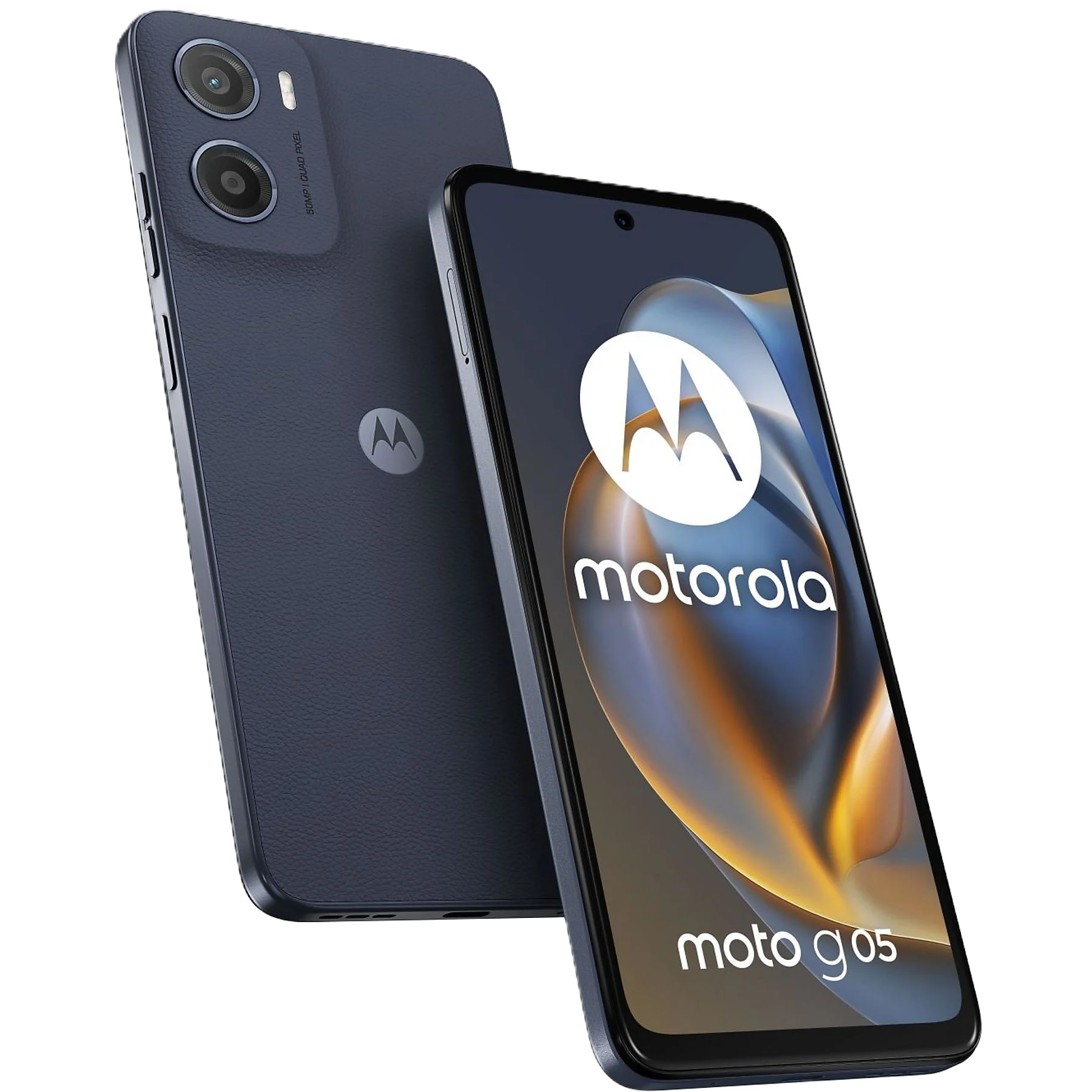 Zwei blaue Motorola-Telefone werden angezeigt. Eines ist abgewinkelt und zeigt den Bildschirm mit dem Motorola-Logo.