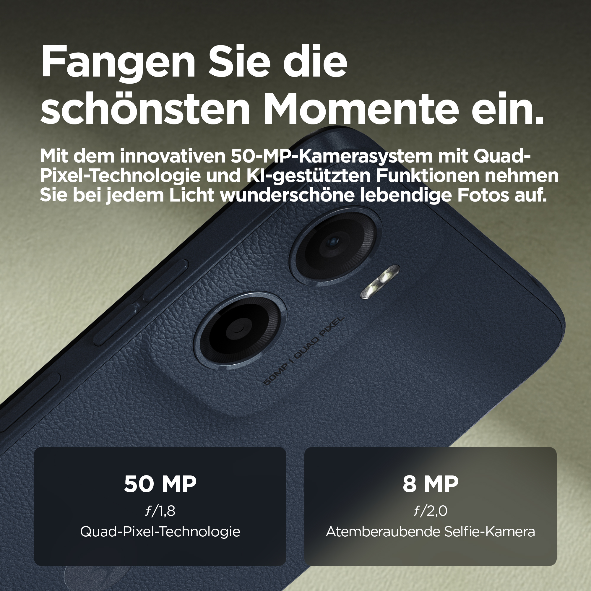 Nahaufnahme eines Telefons mit Kameralinsen. Text wirbt für 50MP Kamera mit Quad-Pixel-Technologie für lebendige Fotos.