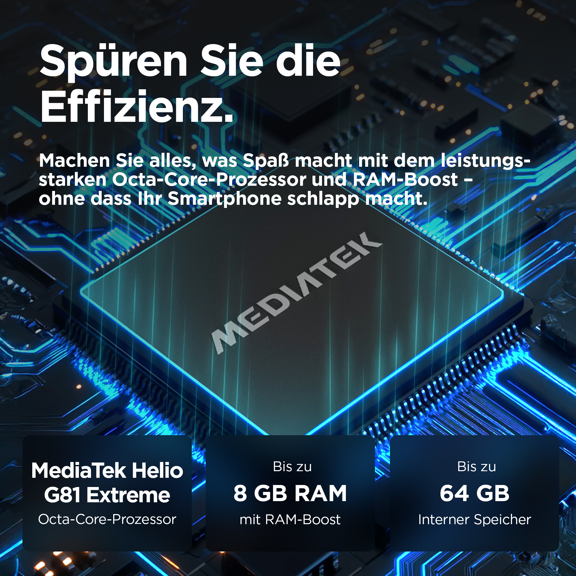 Ein Bild eines Prozessors mit Text über MediaTek Helio G81 Extreme, 8 GB RAM und 64 GB Speicher. Leuchtend blaue Linien.