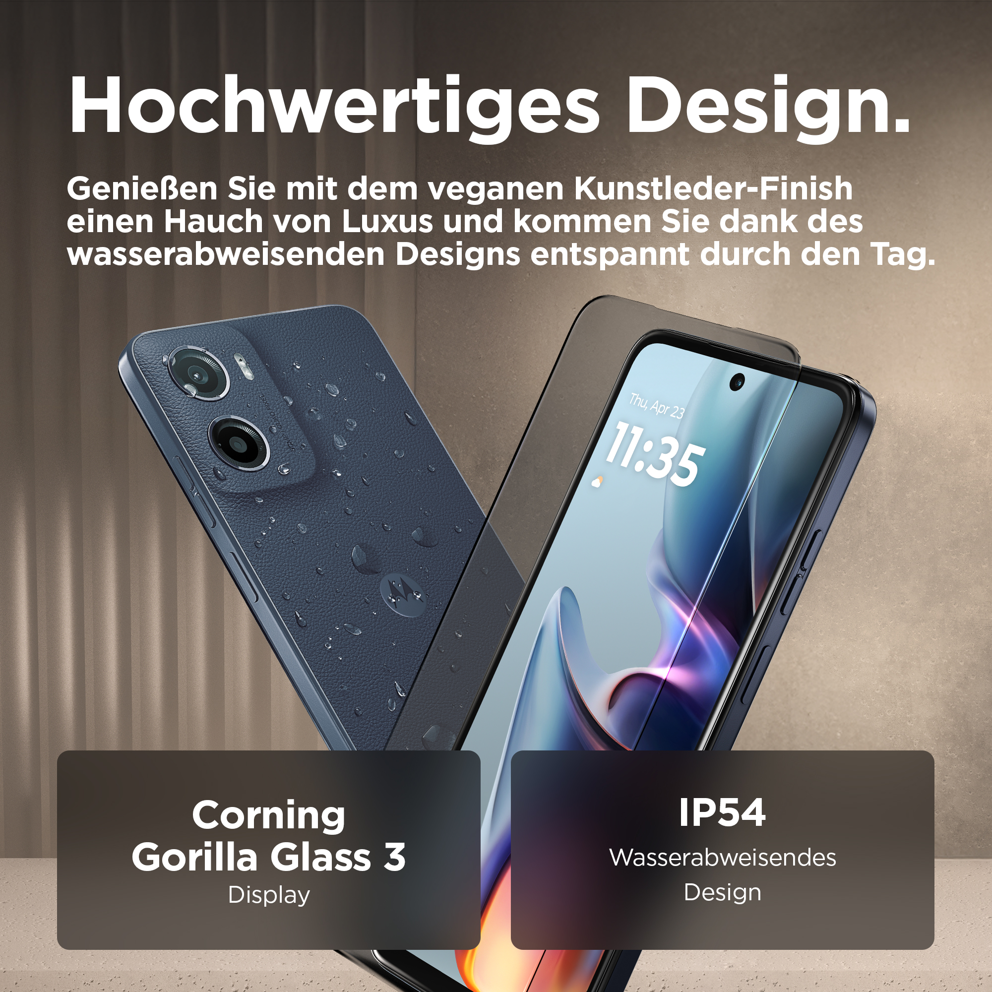 Zwei blaue Smartphones mit Wassertropfen, Gorilla Glass und IP54-Design. Text hebt Luxus und Wasserbeständigkeit hervor.