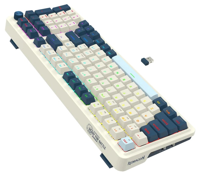 Biała i granatowa klawiatura mechaniczna z podświetlanymi klawiszami i bezprzewodowym kluczem. Napis "READY FOR BATTLE".
