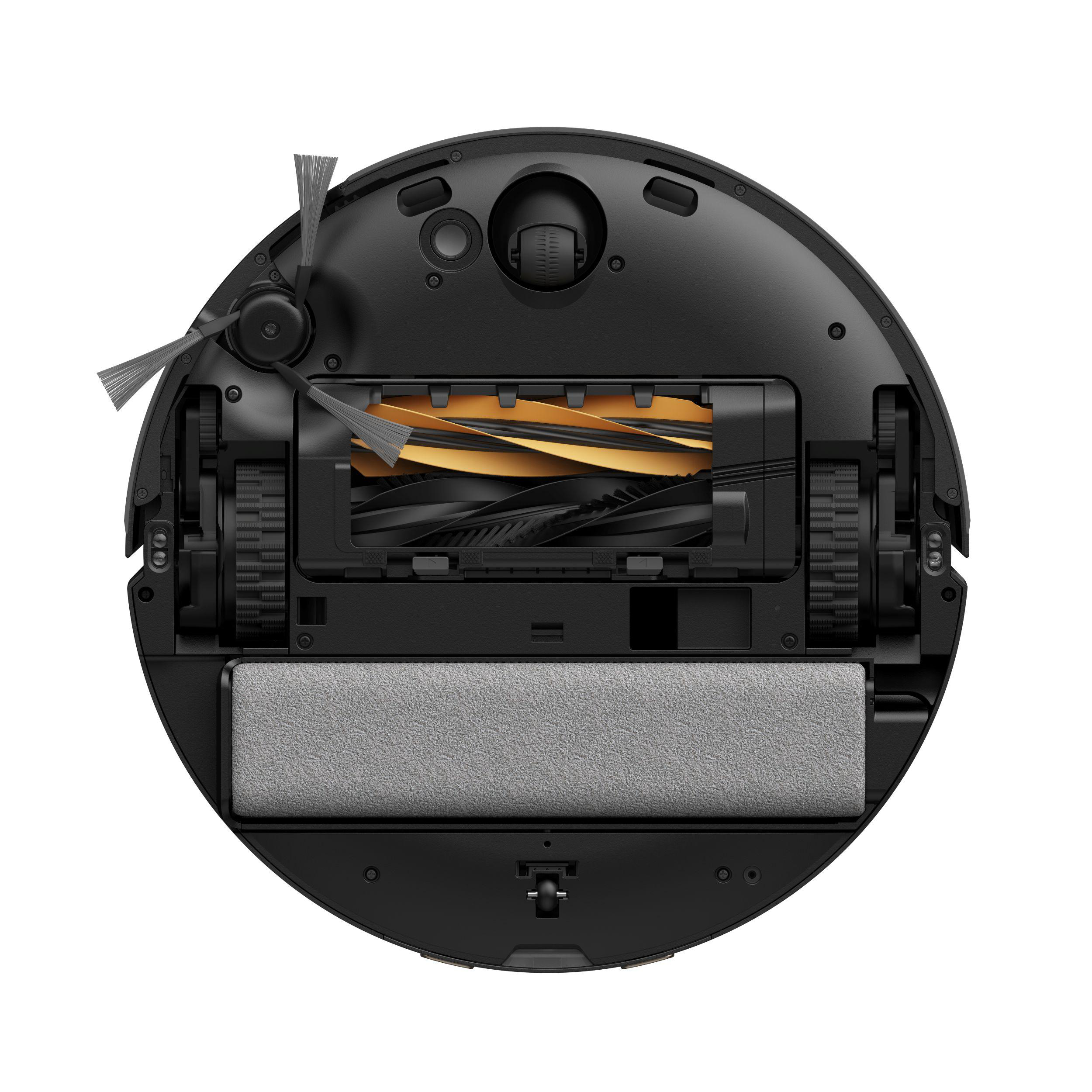 Schwarzer Roboter-Staubsauger, Draufsicht. Er hat Bürsten, eine zentrale Walze und ein graues Reinigungspad. Weißer Hintergrund.