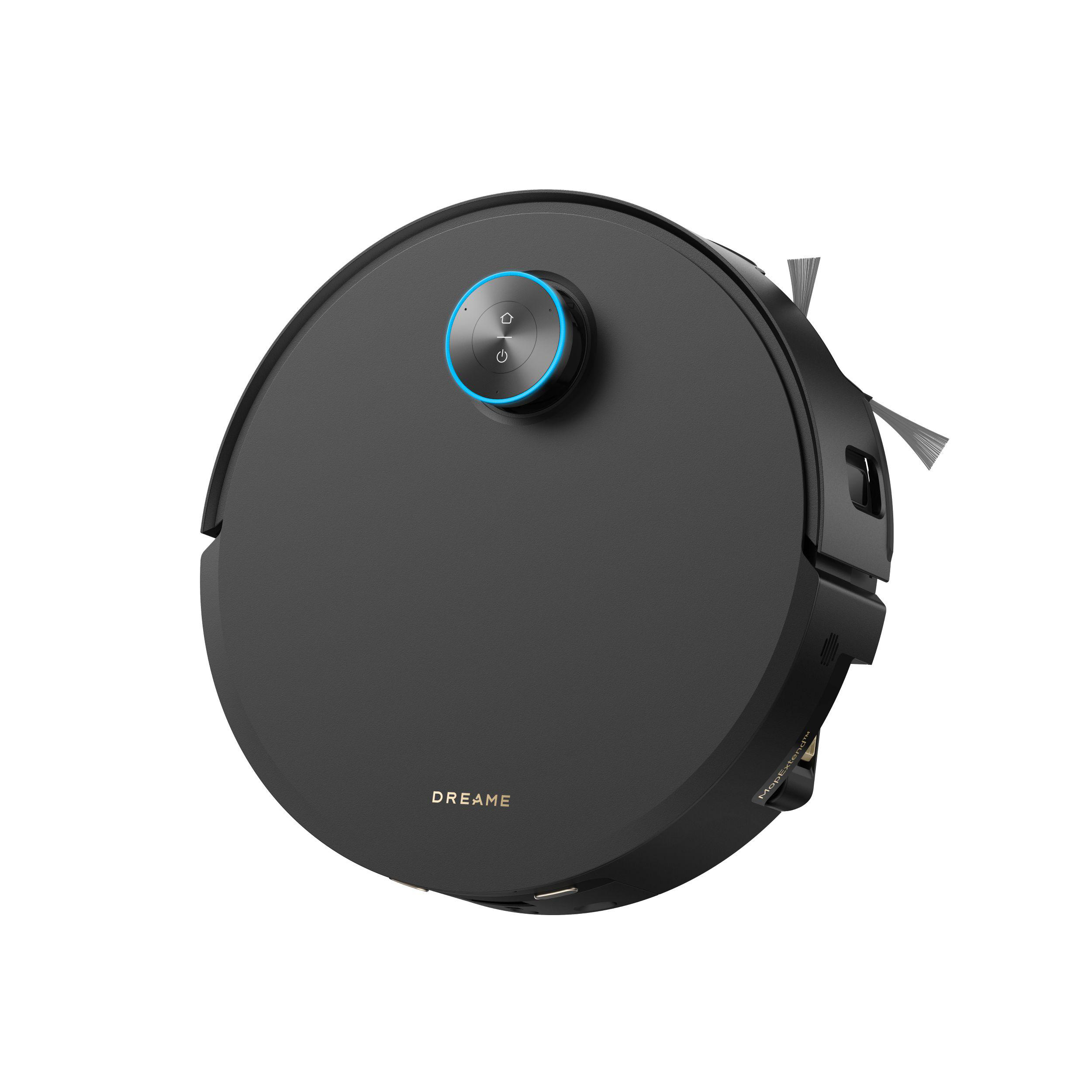 Ein schwarzer Roboter-Staubsauger mit blauem Power-Knopf und dem Markennamen 'DREAME'.
