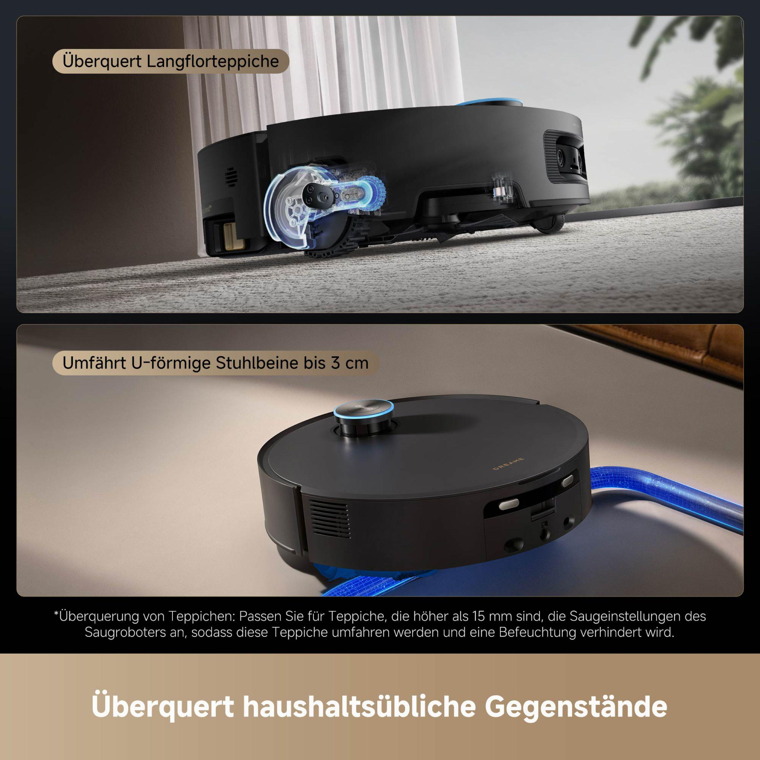 Ein schwarzer Roboter-Staubsauger. Er navigiert über Teppiche und um Hindernisse herum. Oben leuchtet blau.
