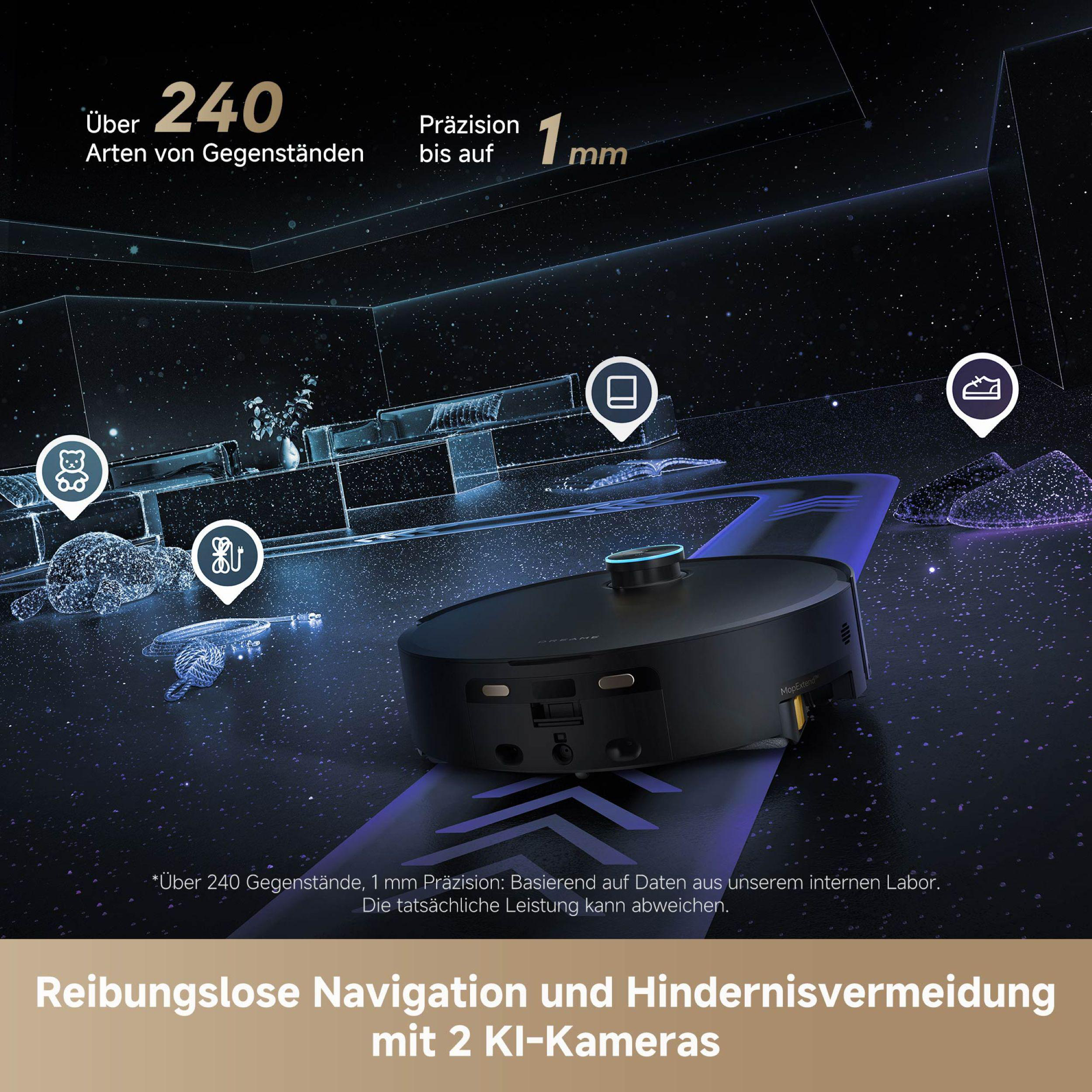 Ein schwarzer Roboter-Staubsauger auf einem lila Pfad, umgeben von Symbolen. Oben steht '240 Arten von Gegenständen'.