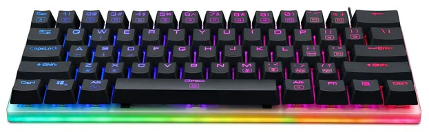 Czarna klawiatura mechaniczna z podświetleniem RGB. Klawisze są czarne z białymi i RGB legendami. Podstawa ma kolory tęczy.