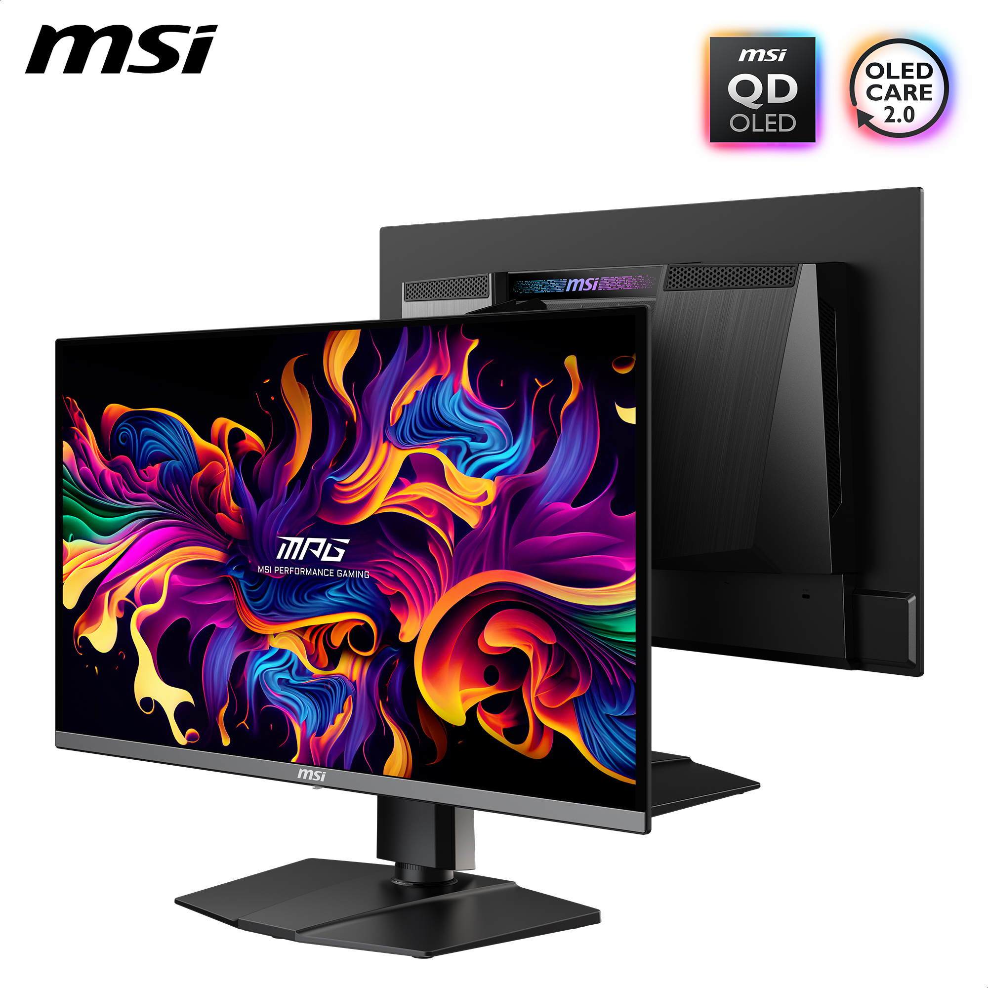 Écran de jeu MSI. Noir, avec affichage vibrant et coloré. L'arrière est également noir. Icônes pour la technologie OLED.