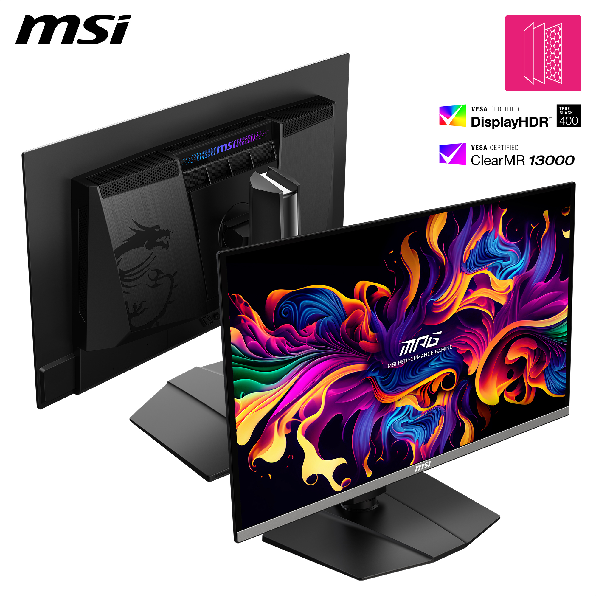 Écran de jeu MSI. Cadre noir, affichage coloré et support noir. Comprend les logos DisplayHDR 400 et ClearMR 13000.