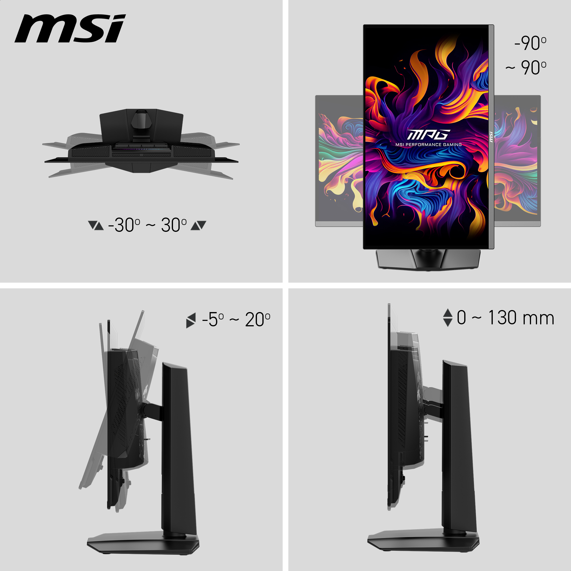 Moniteur MSI montrant les angles de réglage : inclinaison, pivotement, hauteur et rotation. Affichant une image abstraite colorée.