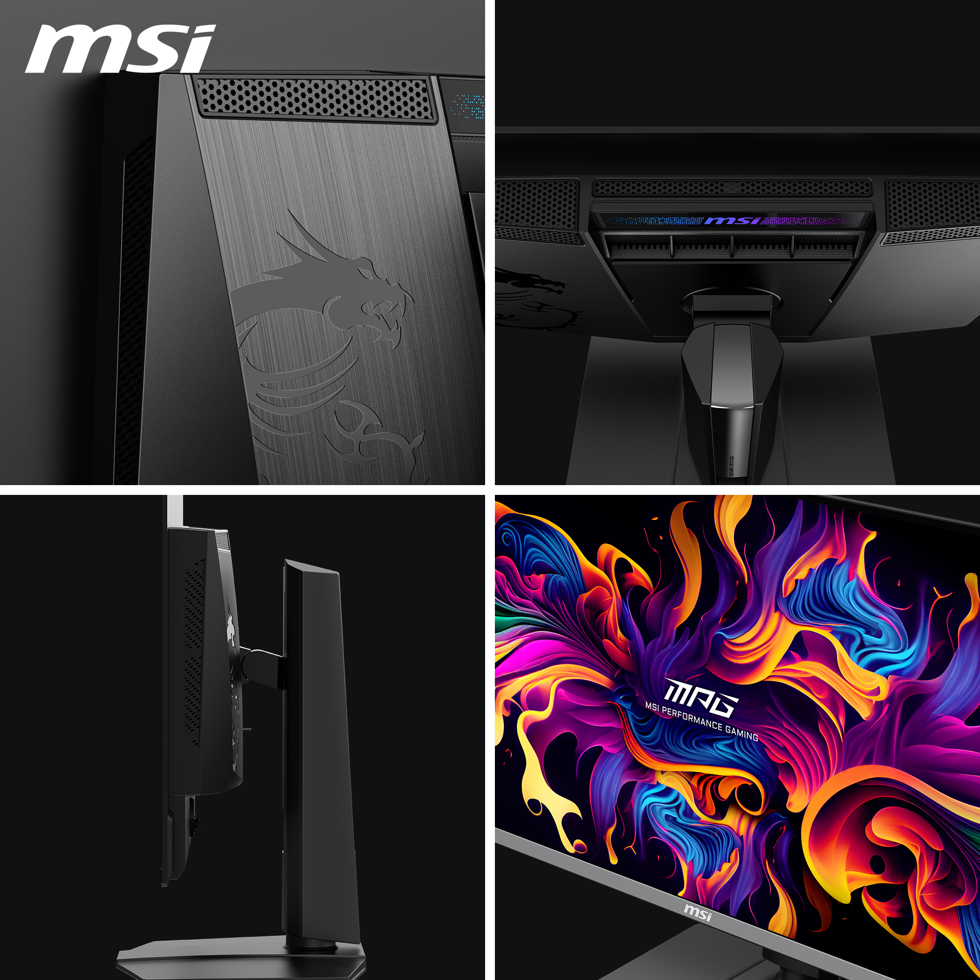Gros plan d'un moniteur MSI noir. Les détails incluent un logo de dragon, des évents et un affichage abstrait coloré.