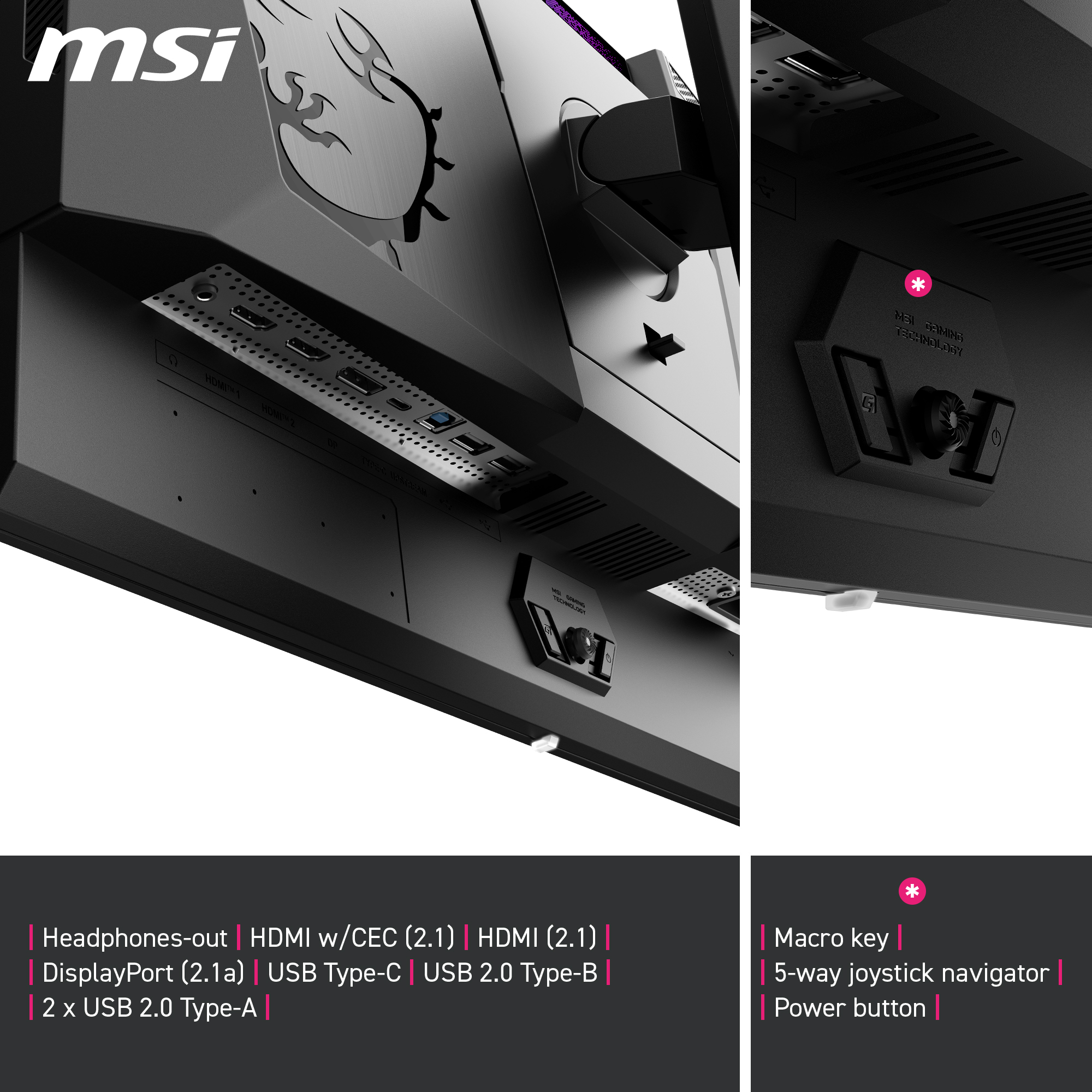 Moniteur MSI noir avec ports et boutons. Comprend HDMI, USB et bouton d'alimentation. Le logo MSI Gaming Technology est visible.