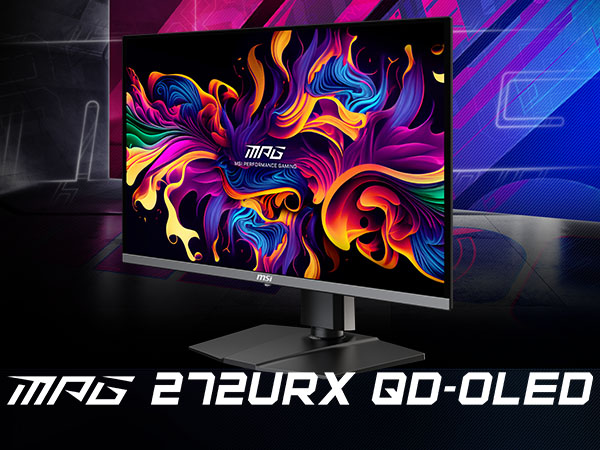 Moniteur MSI MPG 272URX QD-OLED. Affichant de l'art abstrait coloré. Pied noir. Fond bleu et violet avec texte blanc.