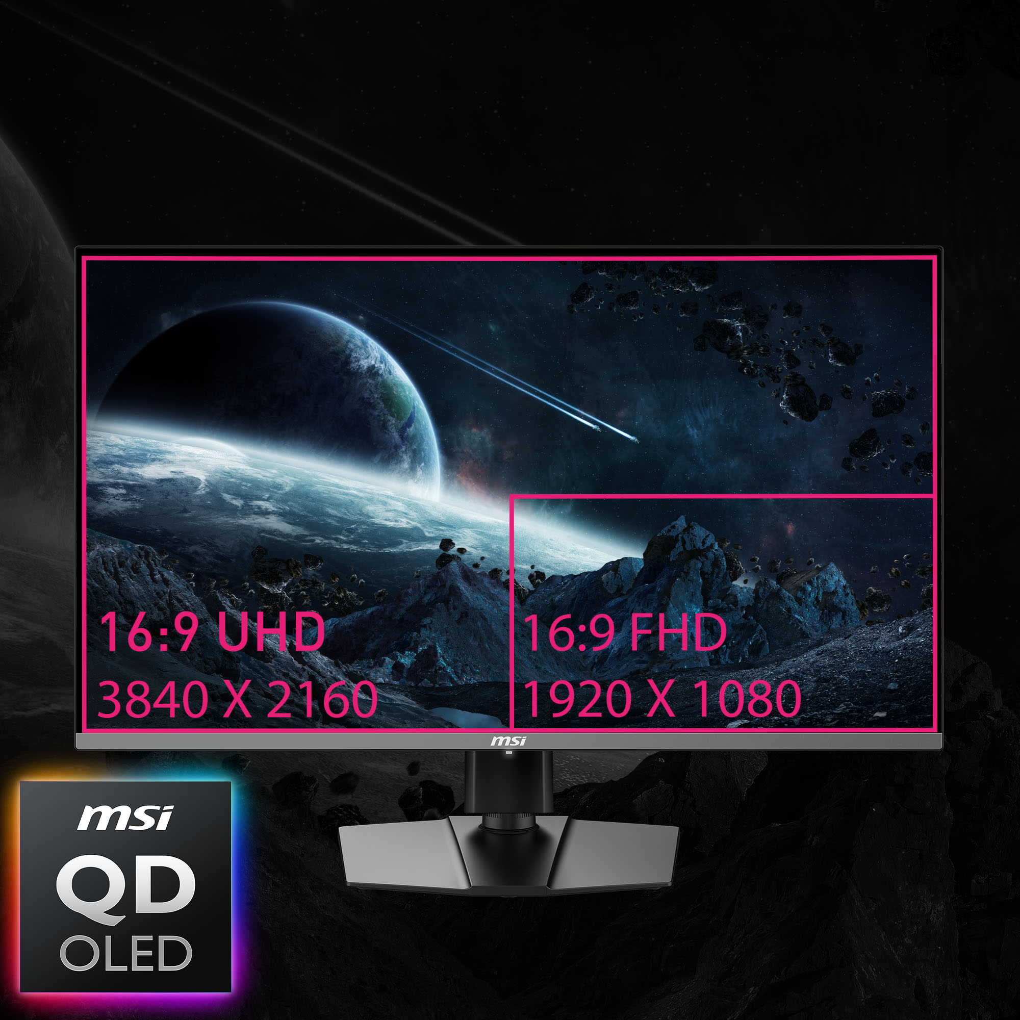 Moniteur MSI affichant une scène spatiale avec des planètes et des roches. Il affiche les résolutions UHD et FHD 16:9, avec un logo MSI QD OLED.
