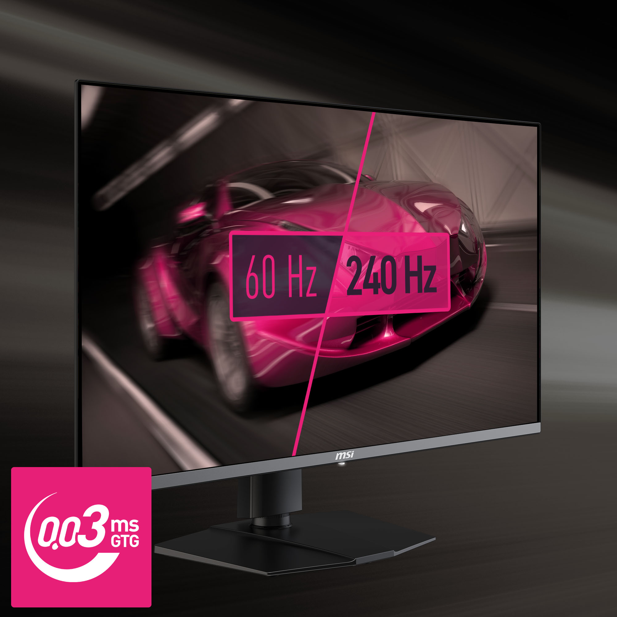 Un moniteur affiche une voiture de course rose. Il affiche 60 Hz et 240 Hz. Un carré rose affiche 0,03 ms GTG.