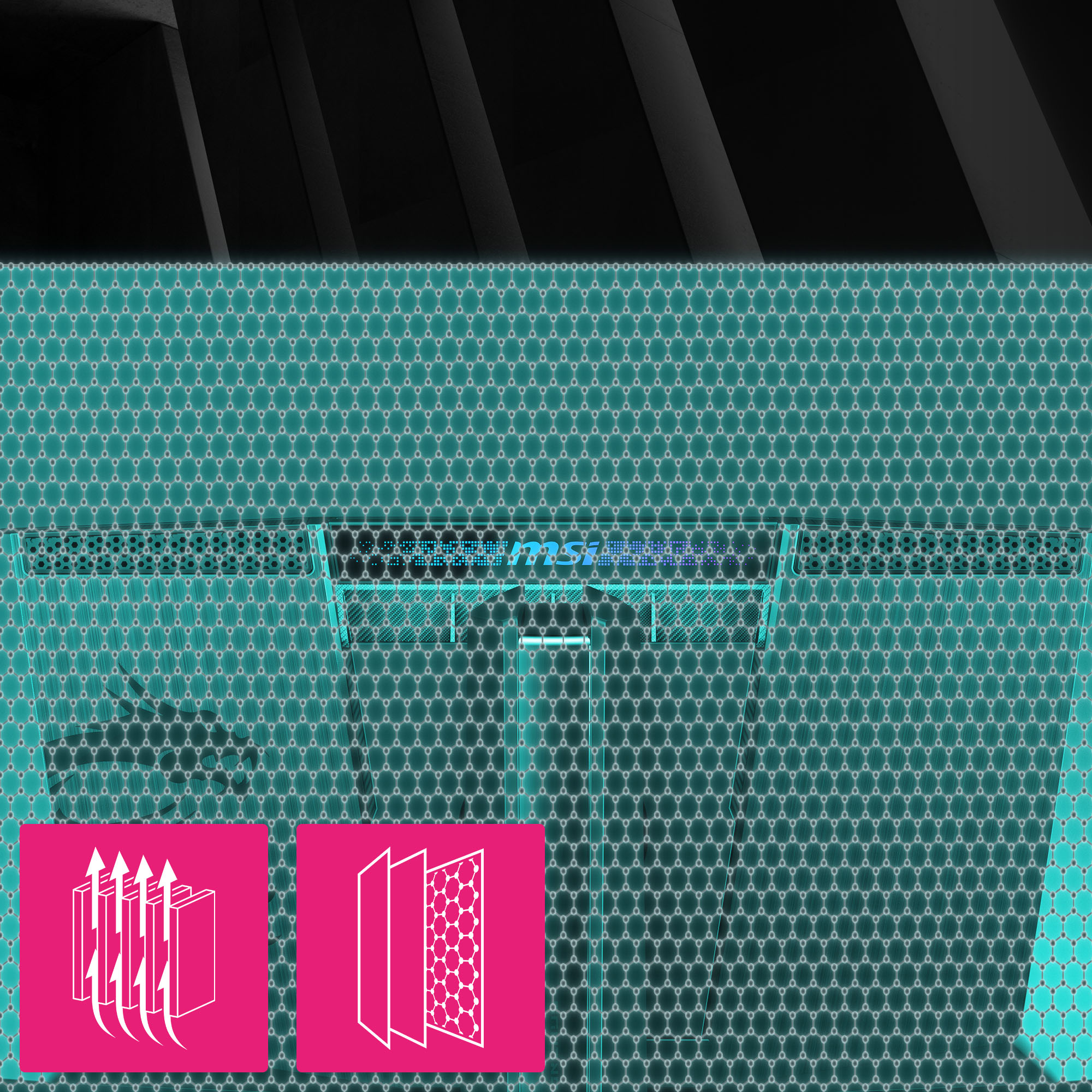 Image abstraite avec motif en nid d'abeille teal et logo MSI. Des rectangles roses montrent les concepts de flux d'air et de filtre.