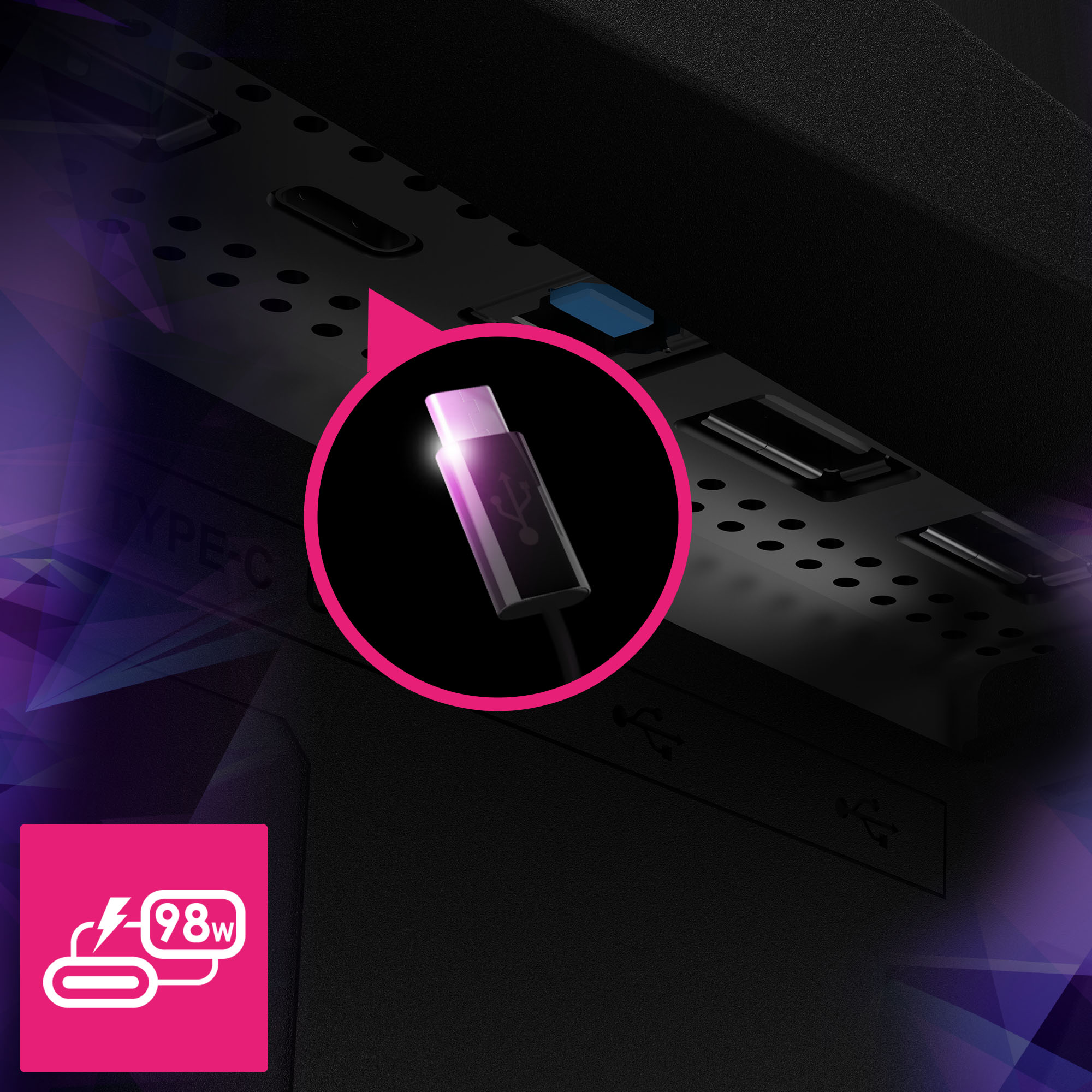 Un port USB-C est mis en évidence avec un câble de chargement, une icône d'alimentation de 98W et une surface noire avec des formes géométriques.