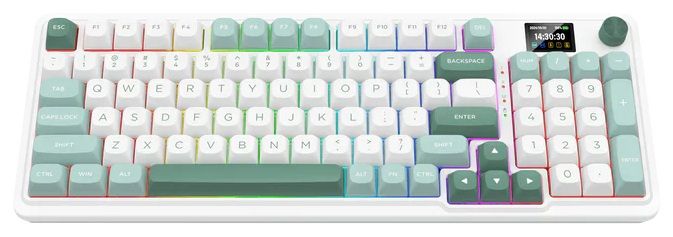 Biała klawiatura mechaniczna z miętowo-zielonymi i białymi klawiszami. Posiada mały wyświetlacz z godziną. Klawisze są ułożone w standardowym układzie.