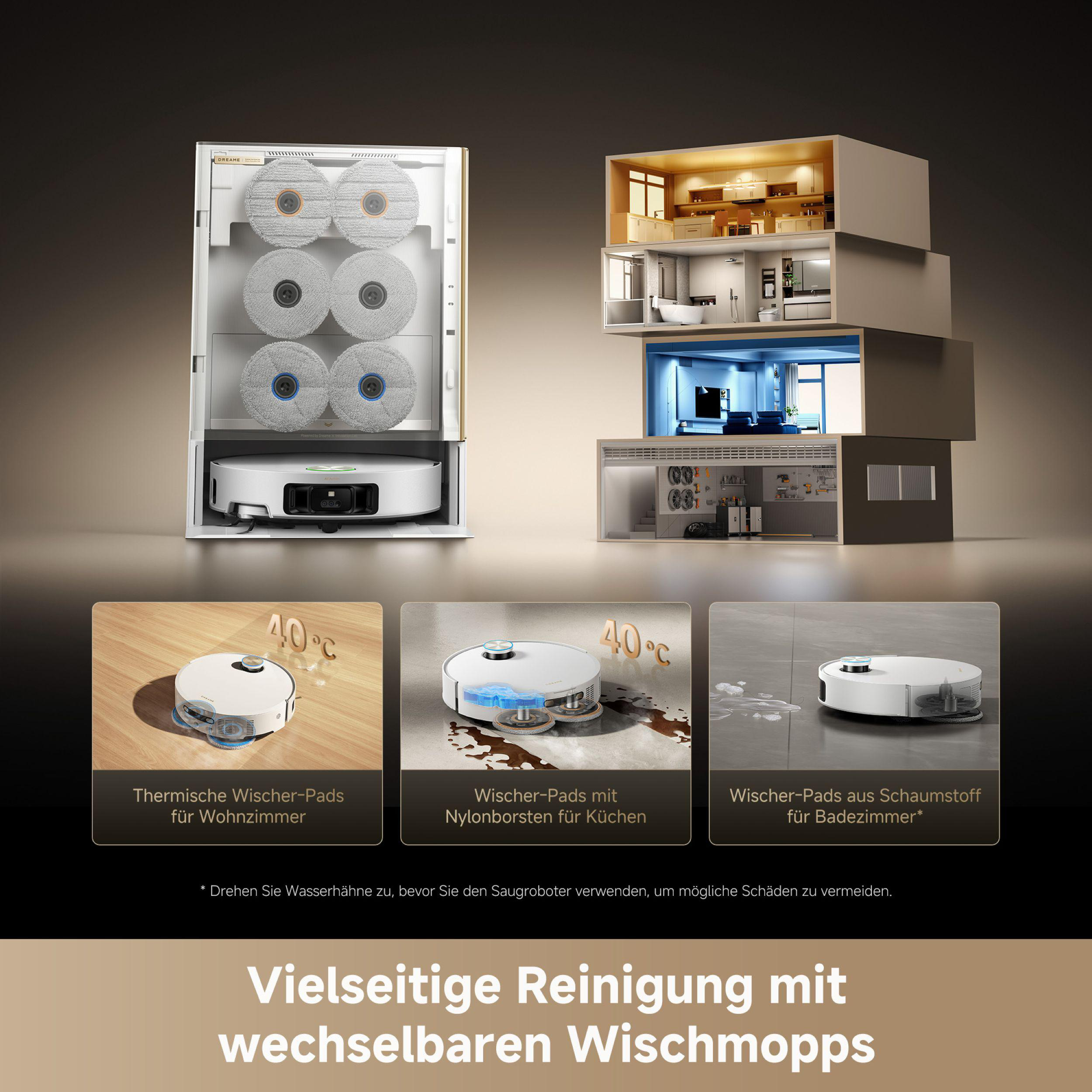 Das Bild zeigt einen Reinigungsroboter mit austauschbaren Wischtüchern. Enthält Bilder von Räumen und Pads für verschiedene Bereiche.